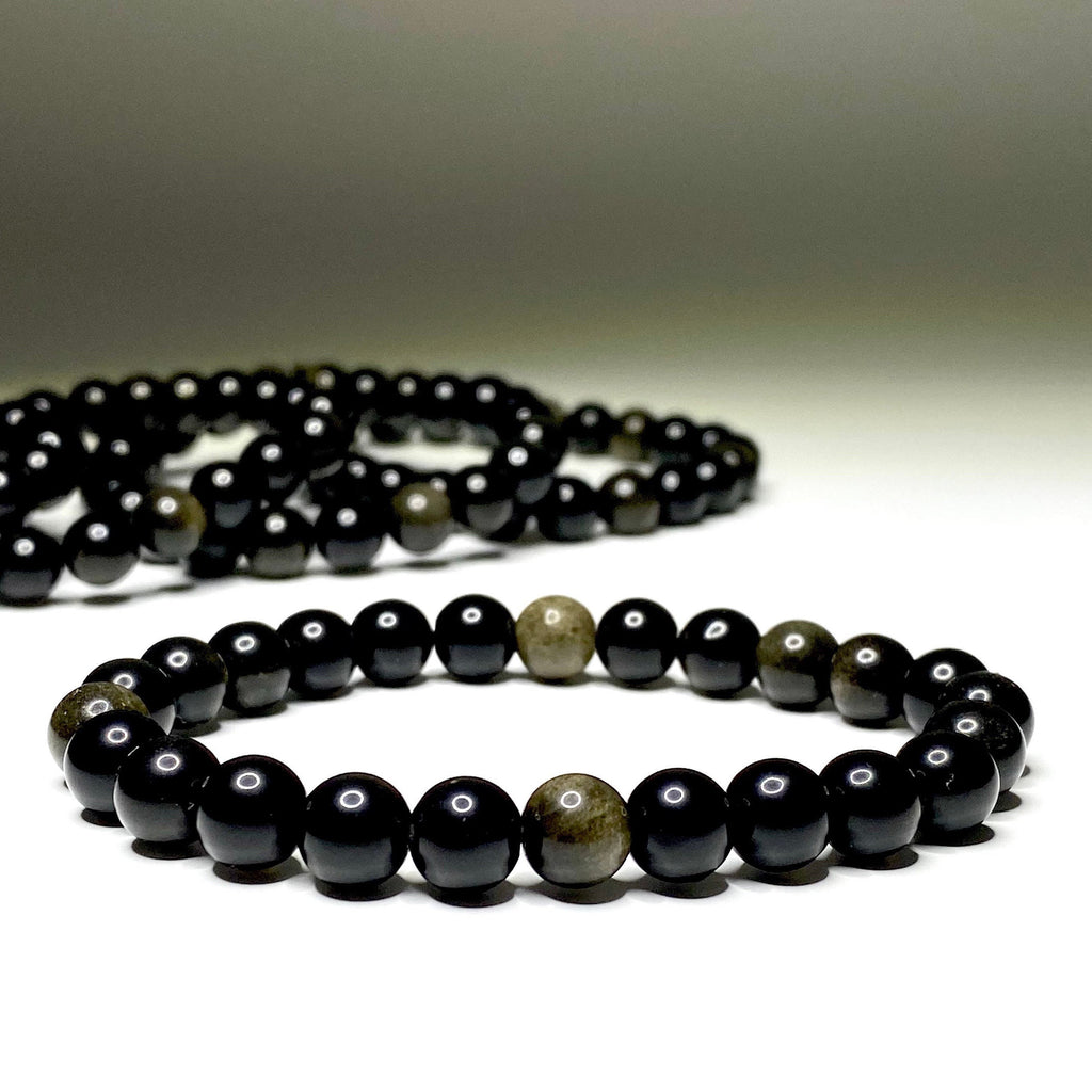 Gold Sheen Obsidian Bracelet: Round Gemstone Beaded Bracelet