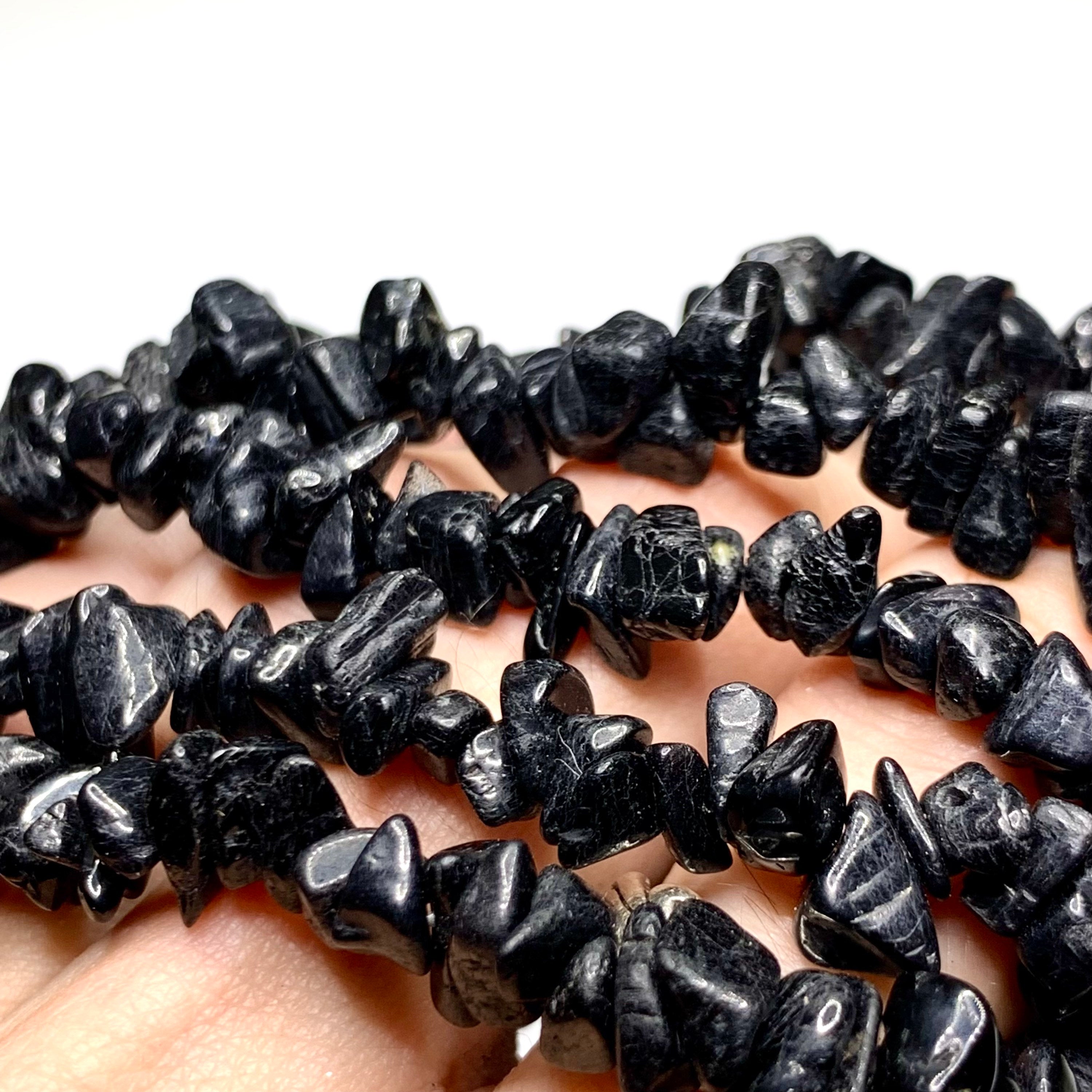Black Tourmaline Crystal Chips Bracelet: Gemstone Beaded Stretch Bracelet