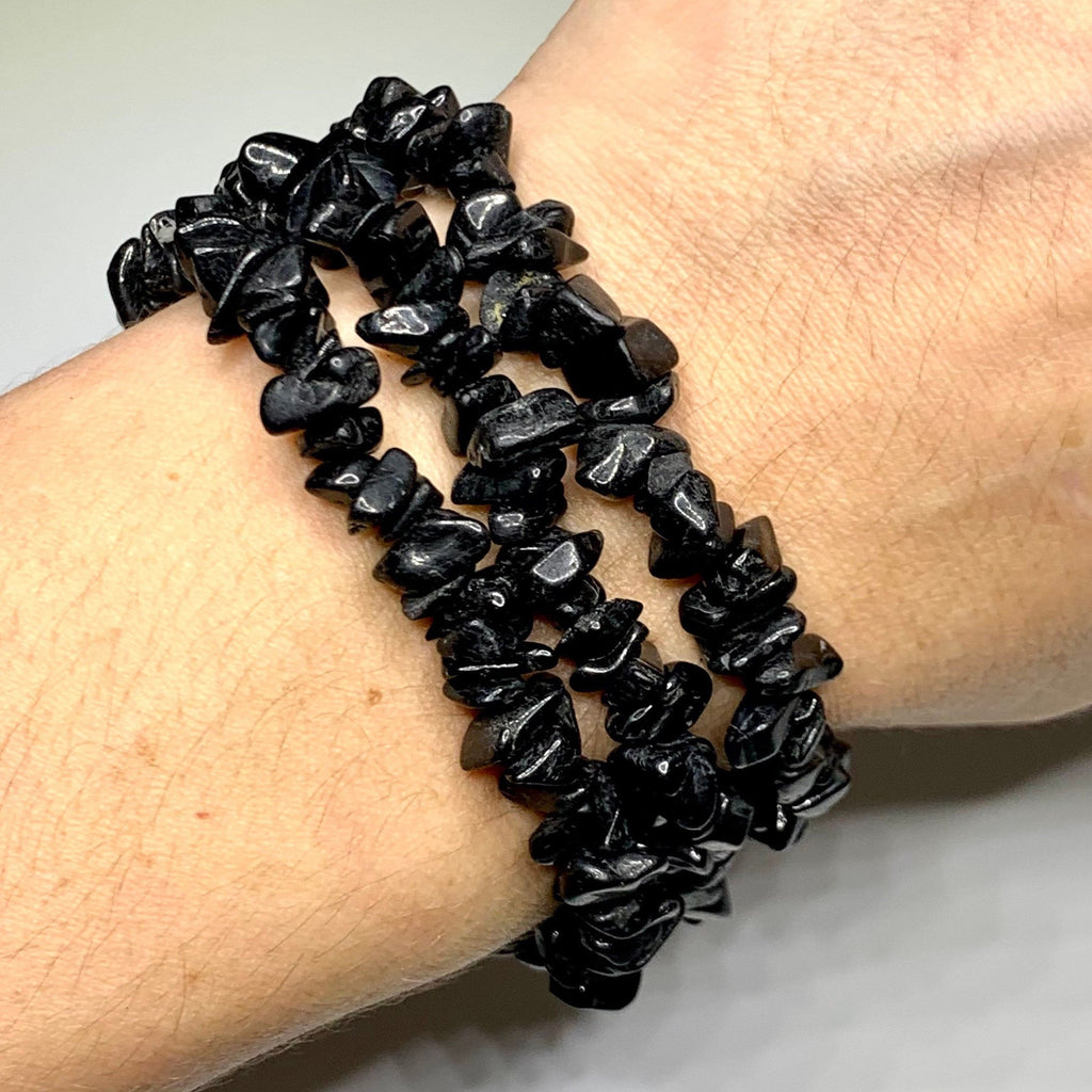 Black Tourmaline Crystal Chips Bracelet: Gemstone Beaded Stretch Bracelet