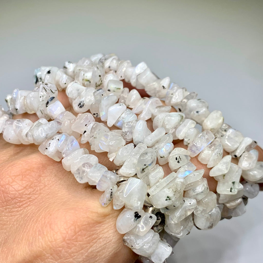 Rainbow Moonstone Crystal Chip Bracelet: Gemstone Beaded Stretch Bracelet