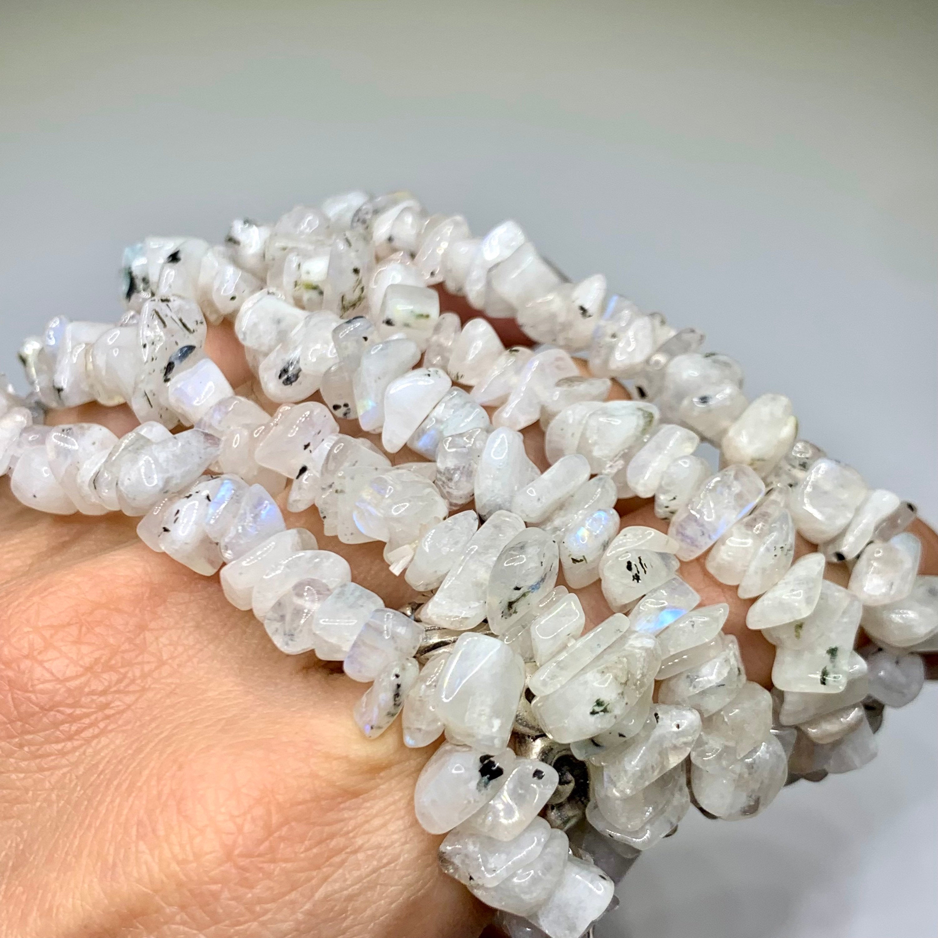 Rainbow Moonstone Crystal Chip Bracelet: Gemstone Beaded Stretch Bracelet