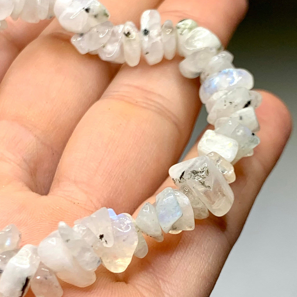 Rainbow Moonstone Crystal Chip Bracelet: Gemstone Beaded Stretch Bracelet