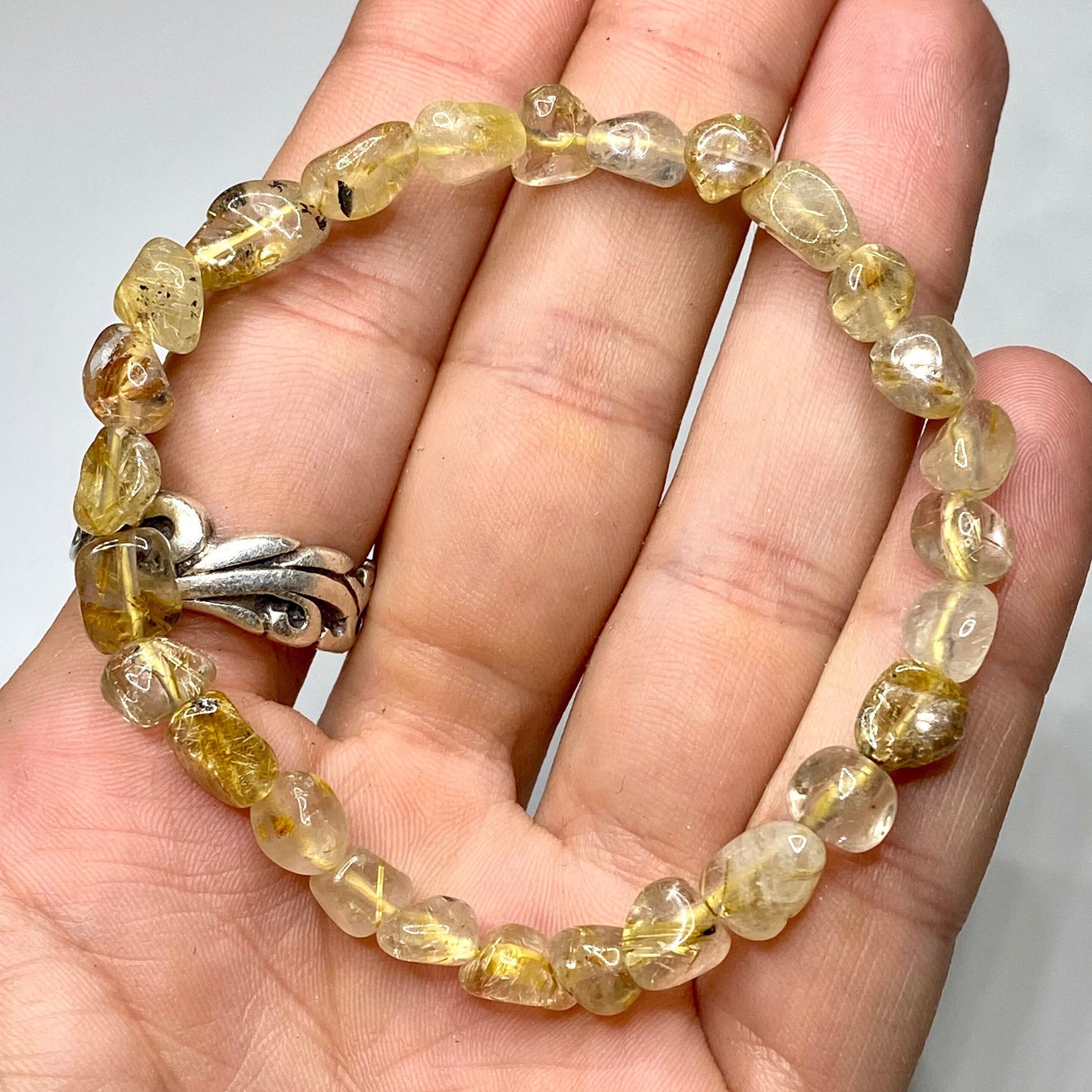 Rutilated Quartz Crystal Bracelet: Handmade Tumbled Gemstone Beaded Bracelet