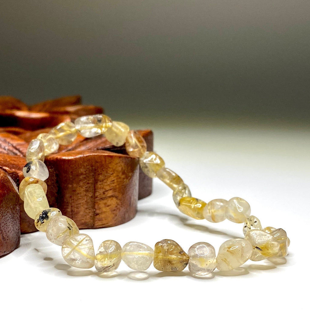 Rutilated Quartz Crystal Bracelet: Handmade Tumbled Gemstone Beaded Bracelet