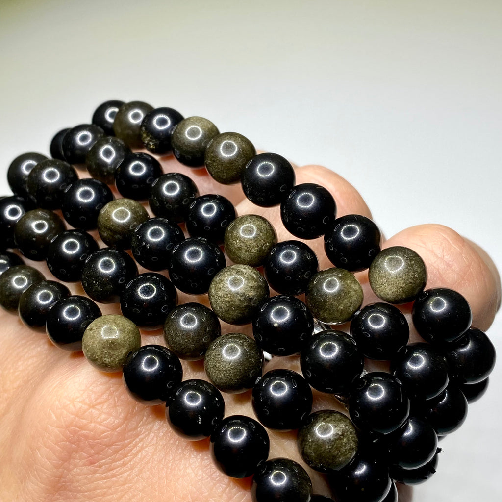 Gold Sheen Obsidian Bracelet: Round Gemstone Beaded Bracelet