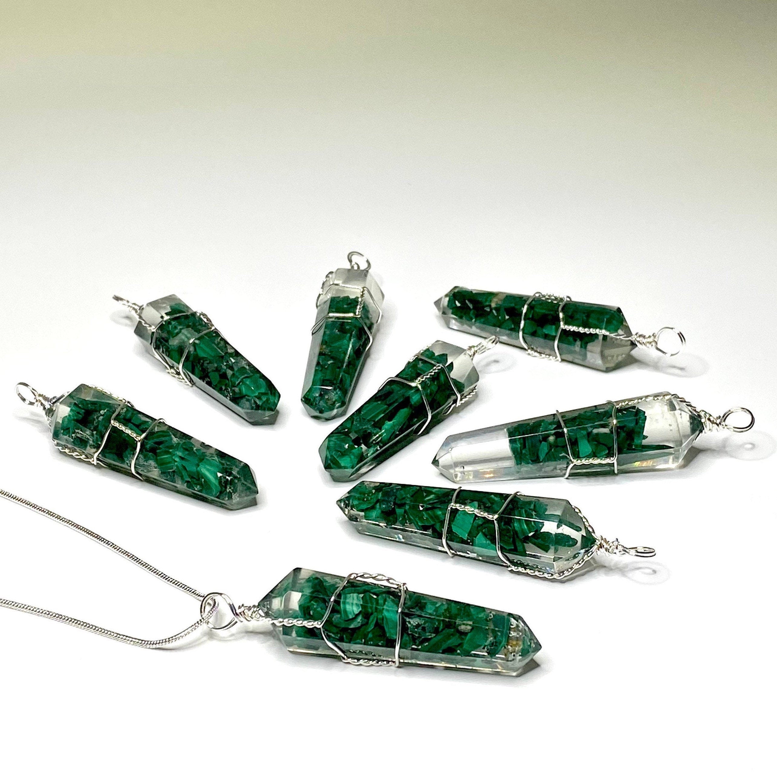 Malachite in Orgonite Wire Wrapped Pendant Necklace