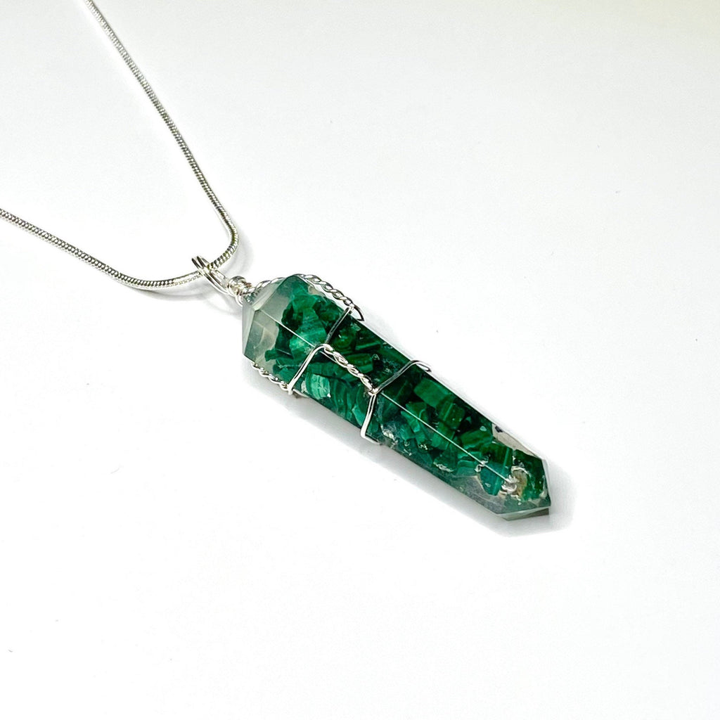 Malachite in Orgonite Wire Wrapped Pendant Necklace