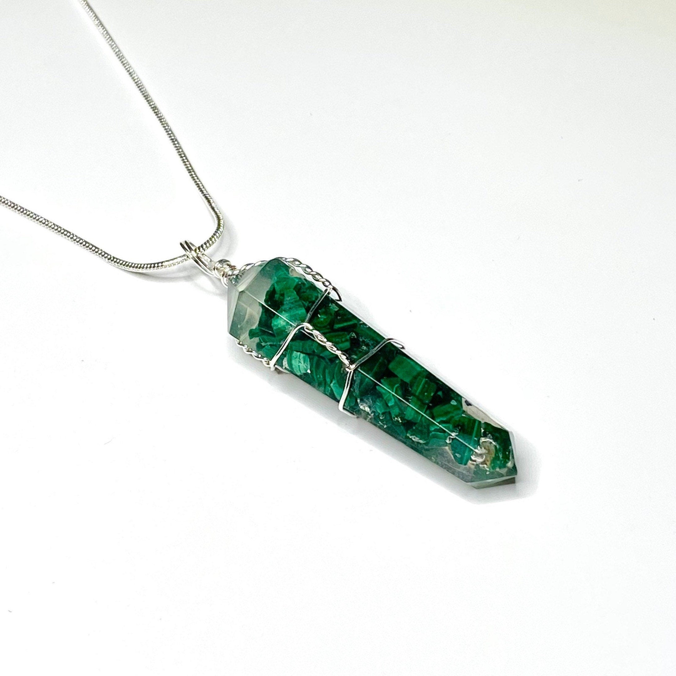 Malachite in Orgonite Wire Wrapped Pendant Necklace
