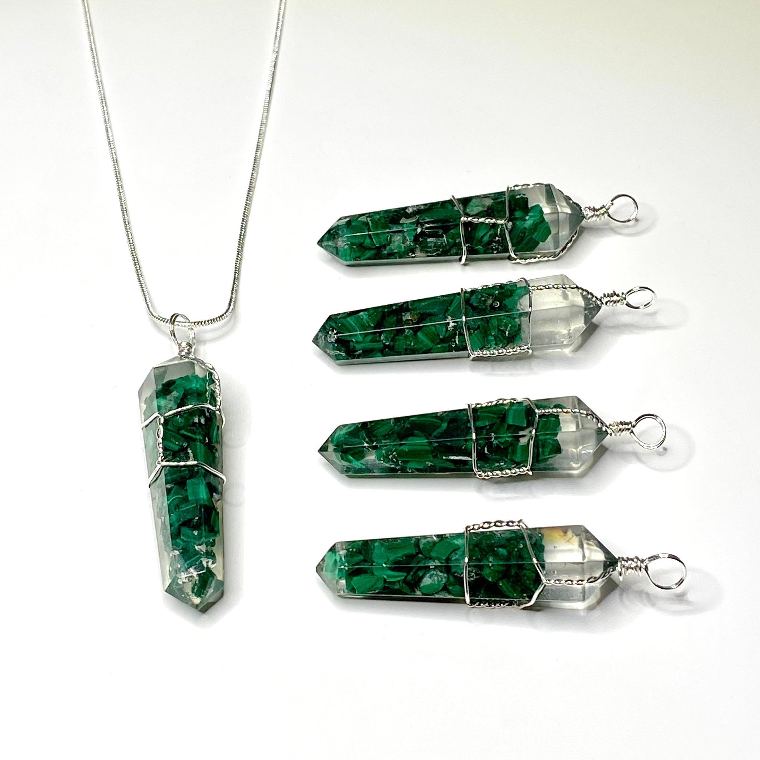 Malachite in Orgonite Wire Wrapped Pendant Necklace