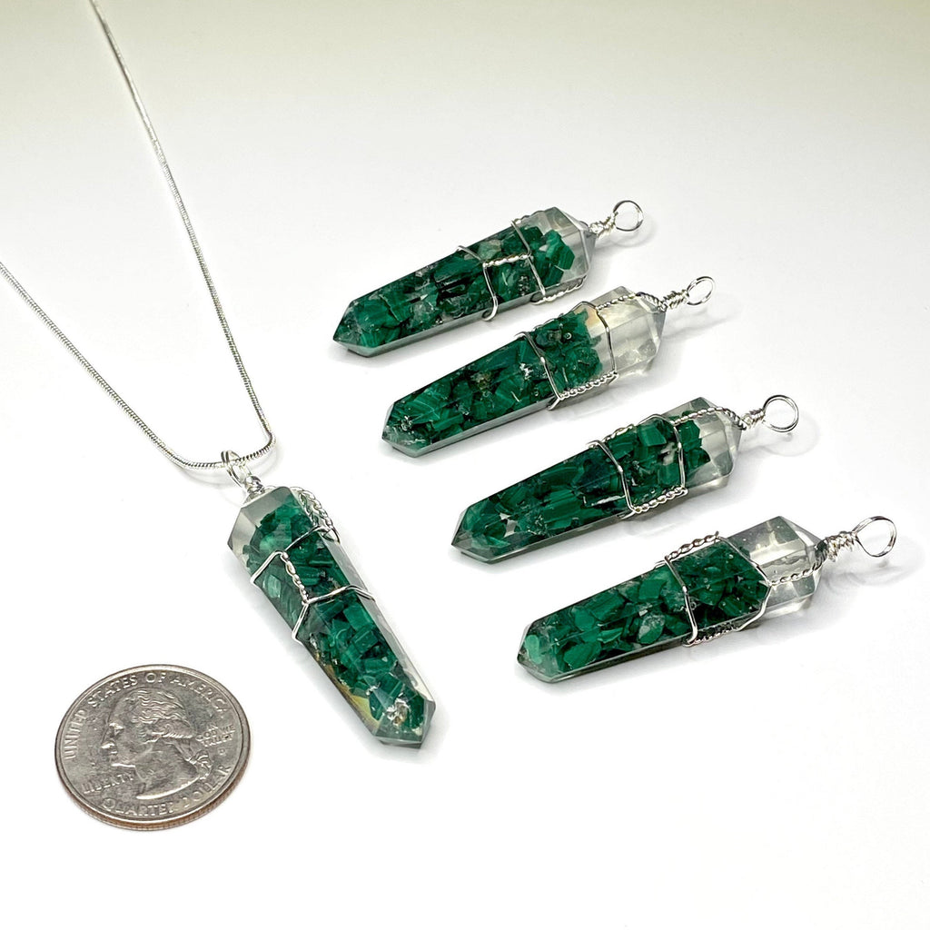 Malachite in Orgonite Wire Wrapped Pendant Necklace
