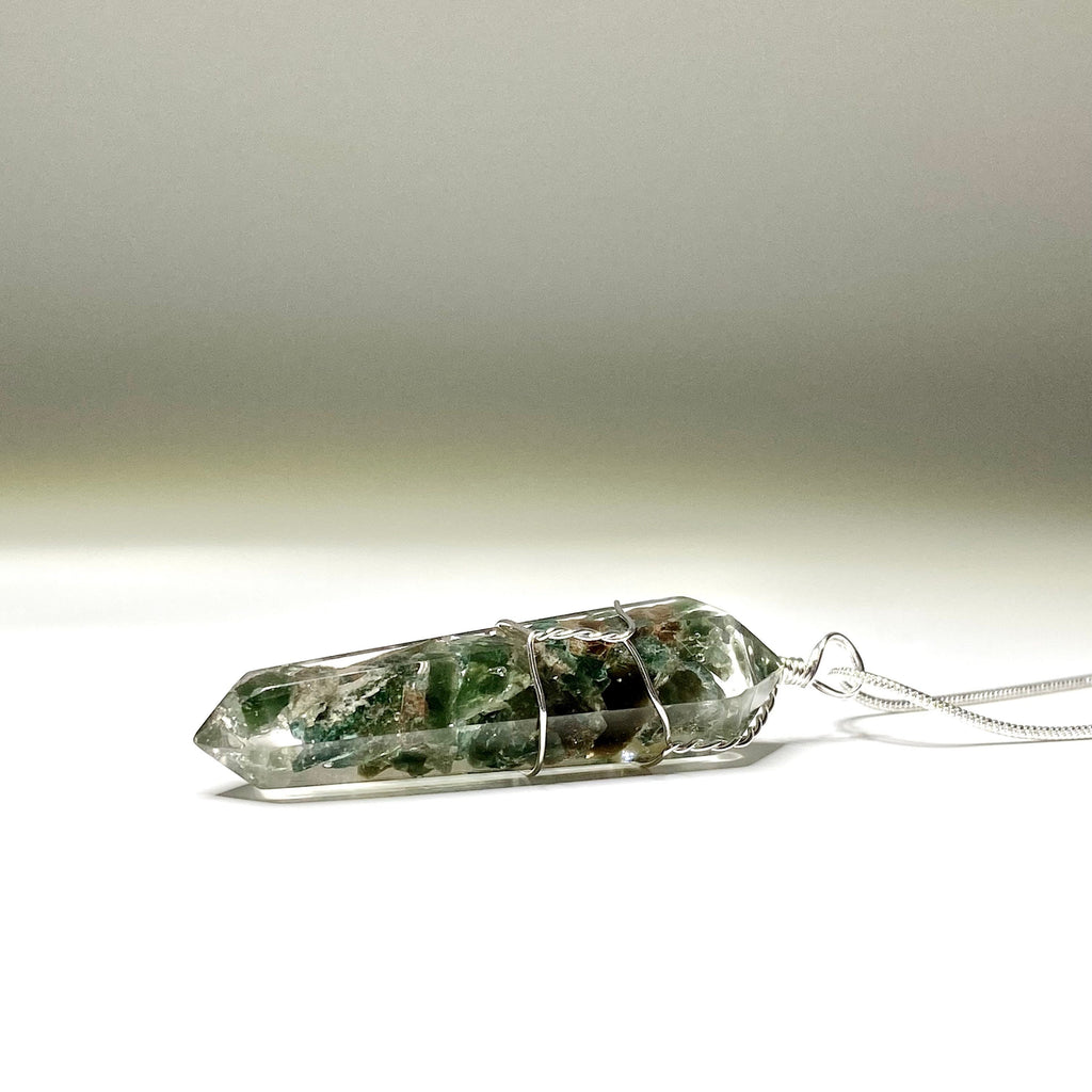 Green Apatite in Orgonite Wire Wrapped Pendant Necklace