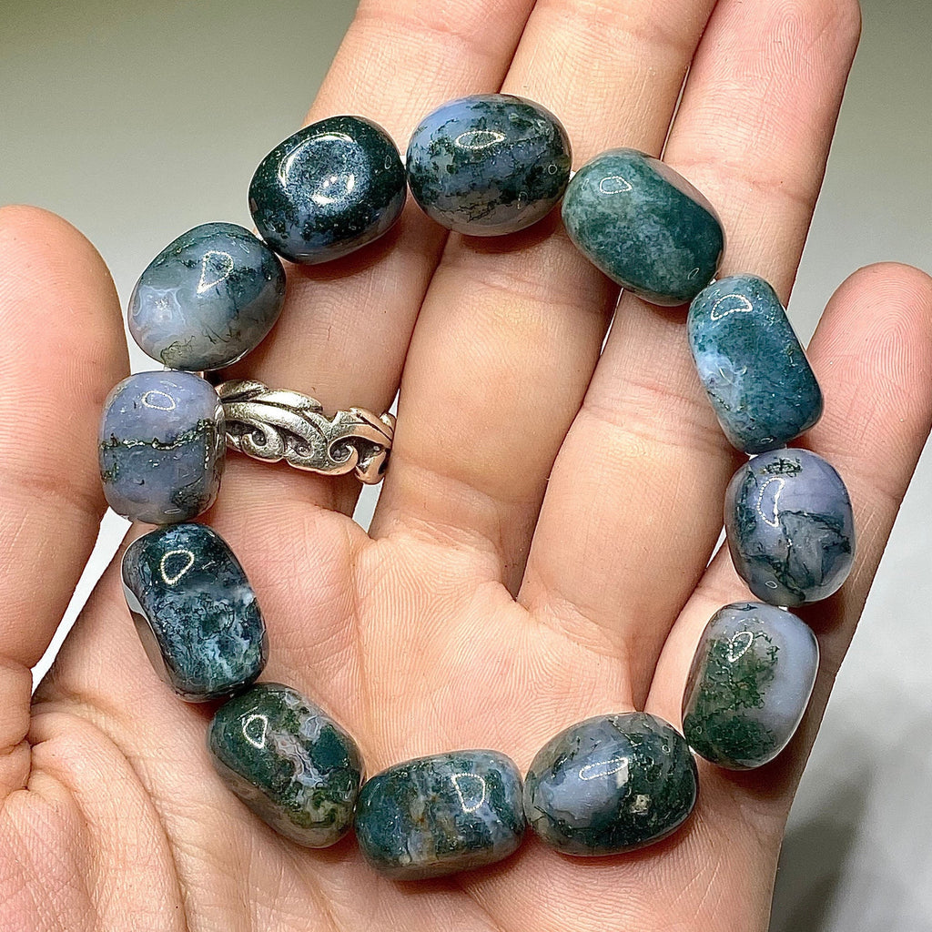 Moss Agate Jelly Bean Bracelet: Tumbled Gemstone Beaded Bracelet