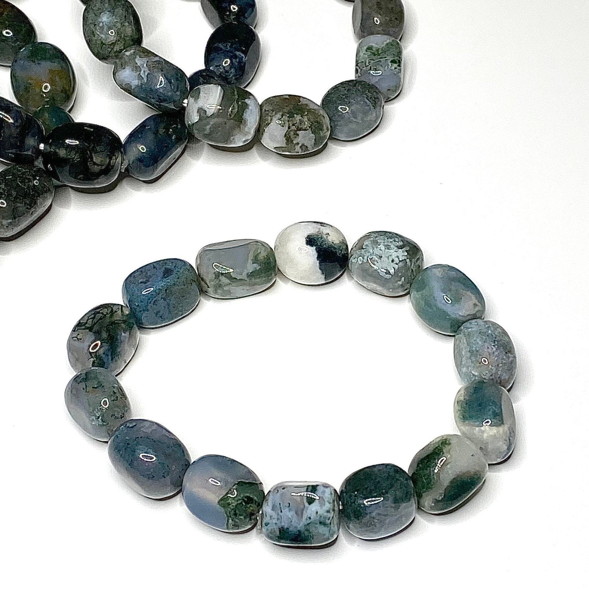 Moss Agate Jelly Bean Bracelet: Tumbled Gemstone Beaded Bracelet