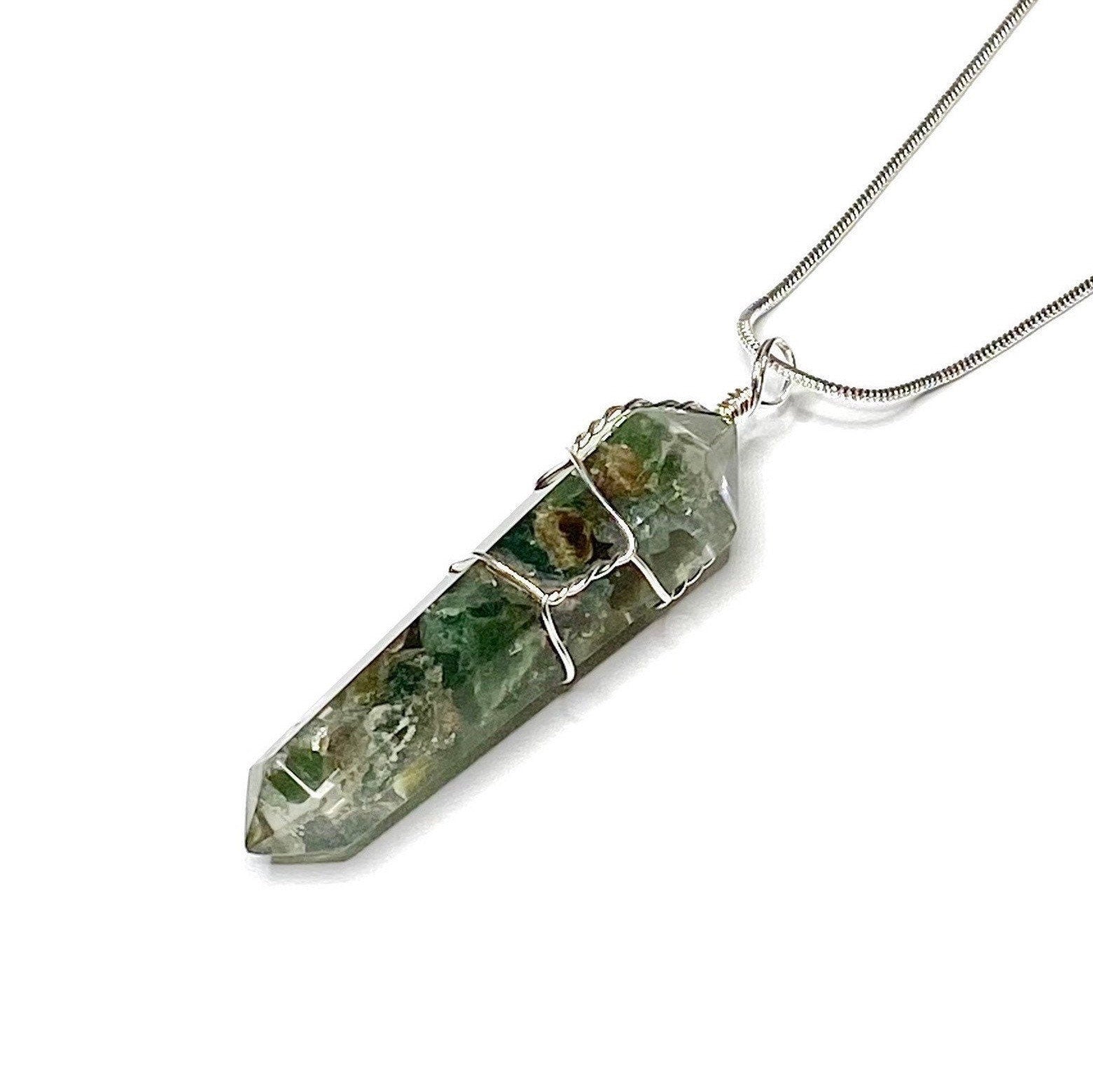 Green Apatite in Orgonite Wire Wrapped Pendant Necklace