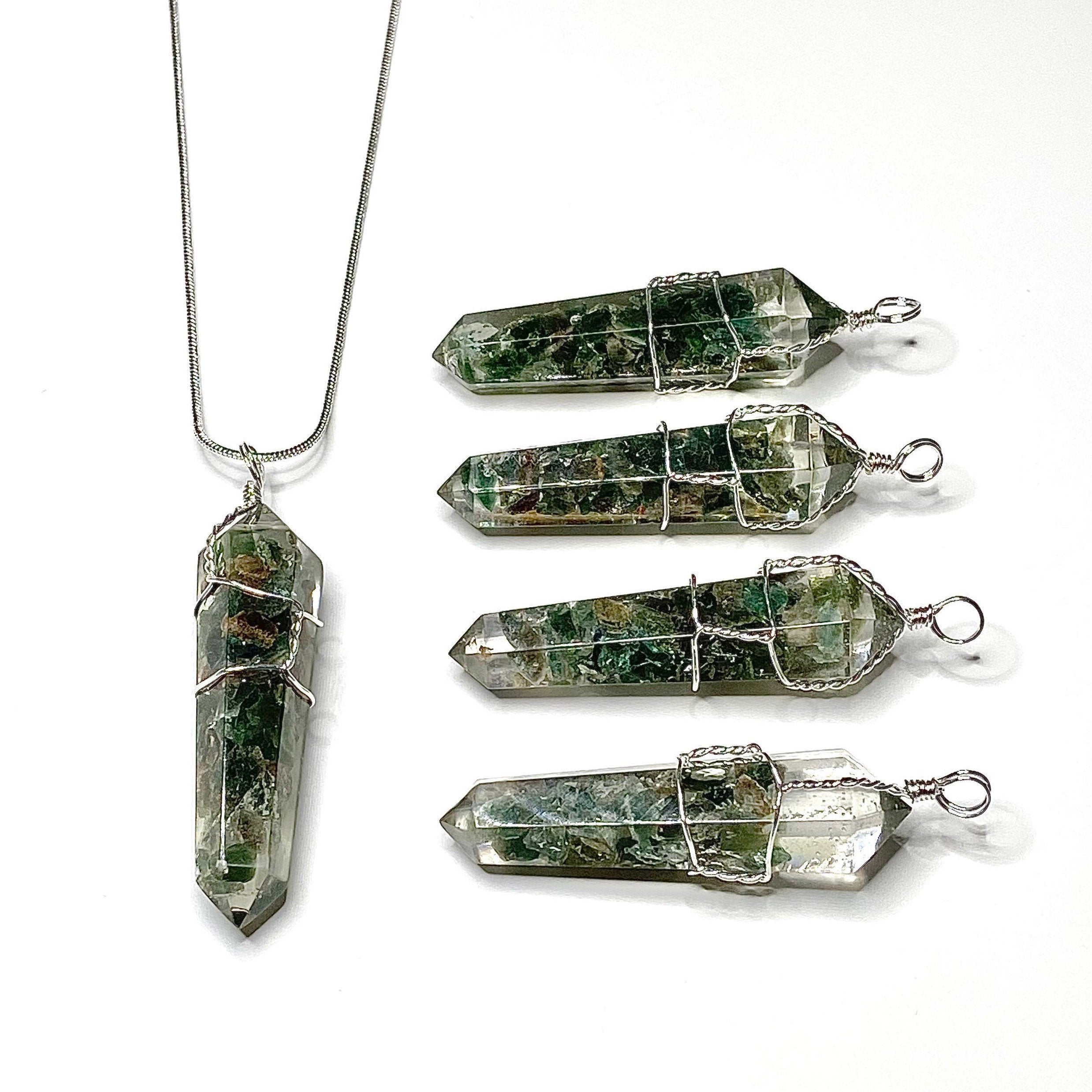 Green Apatite in Orgonite Wire Wrapped Pendant Necklace