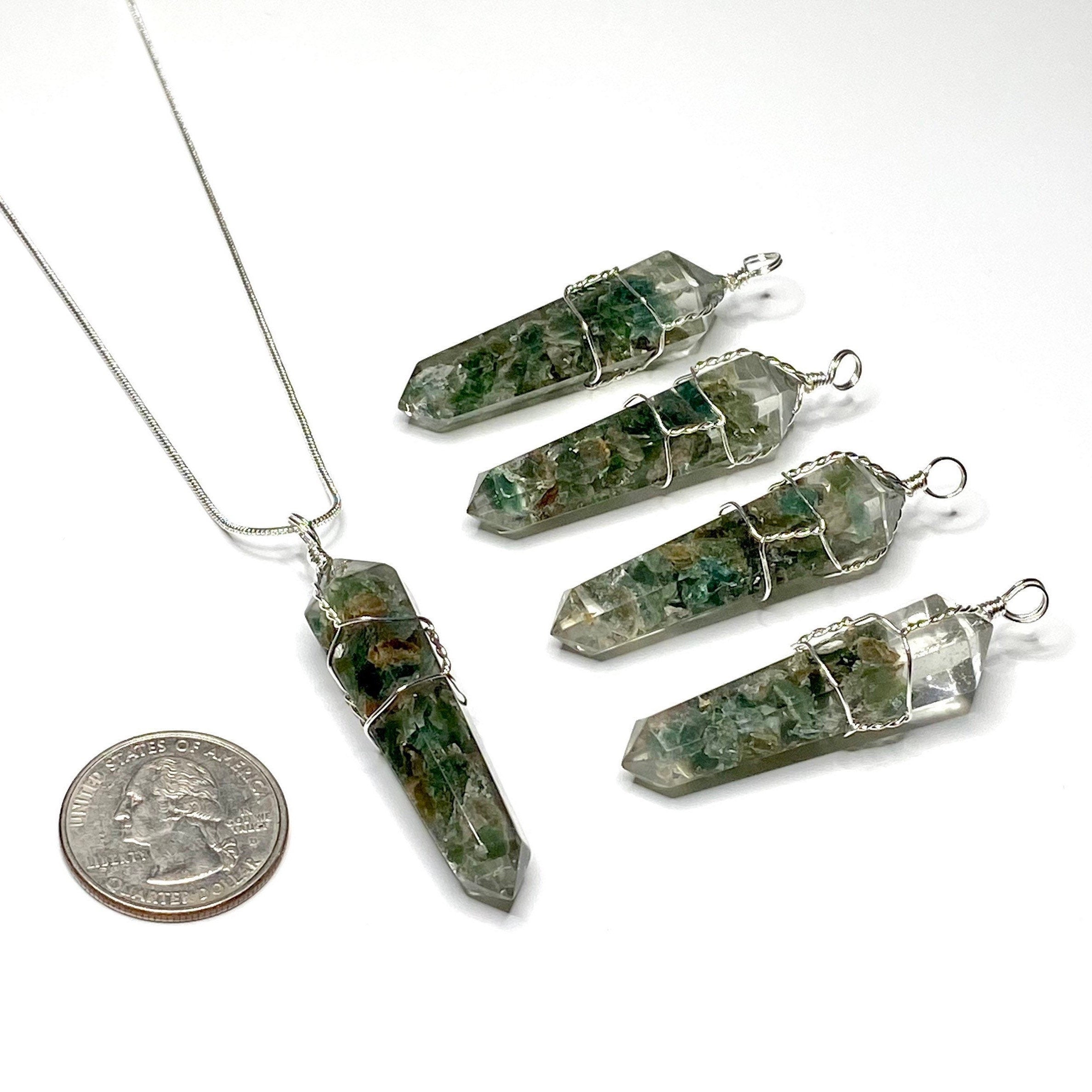 Green Apatite in Orgonite Wire Wrapped Pendant Necklace