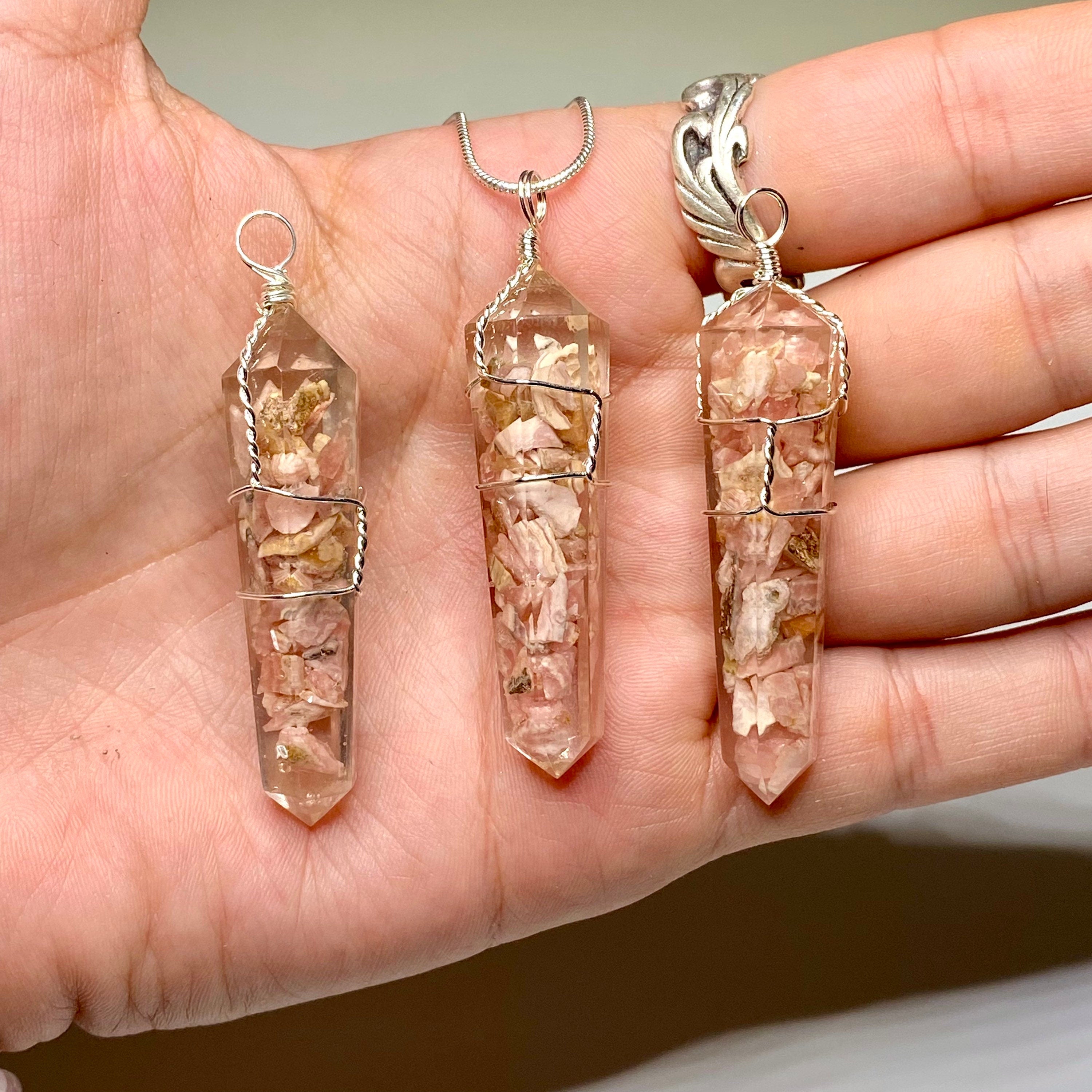 Rhodochrosite in Orgonite Wire Wrapped Pendant Necklace