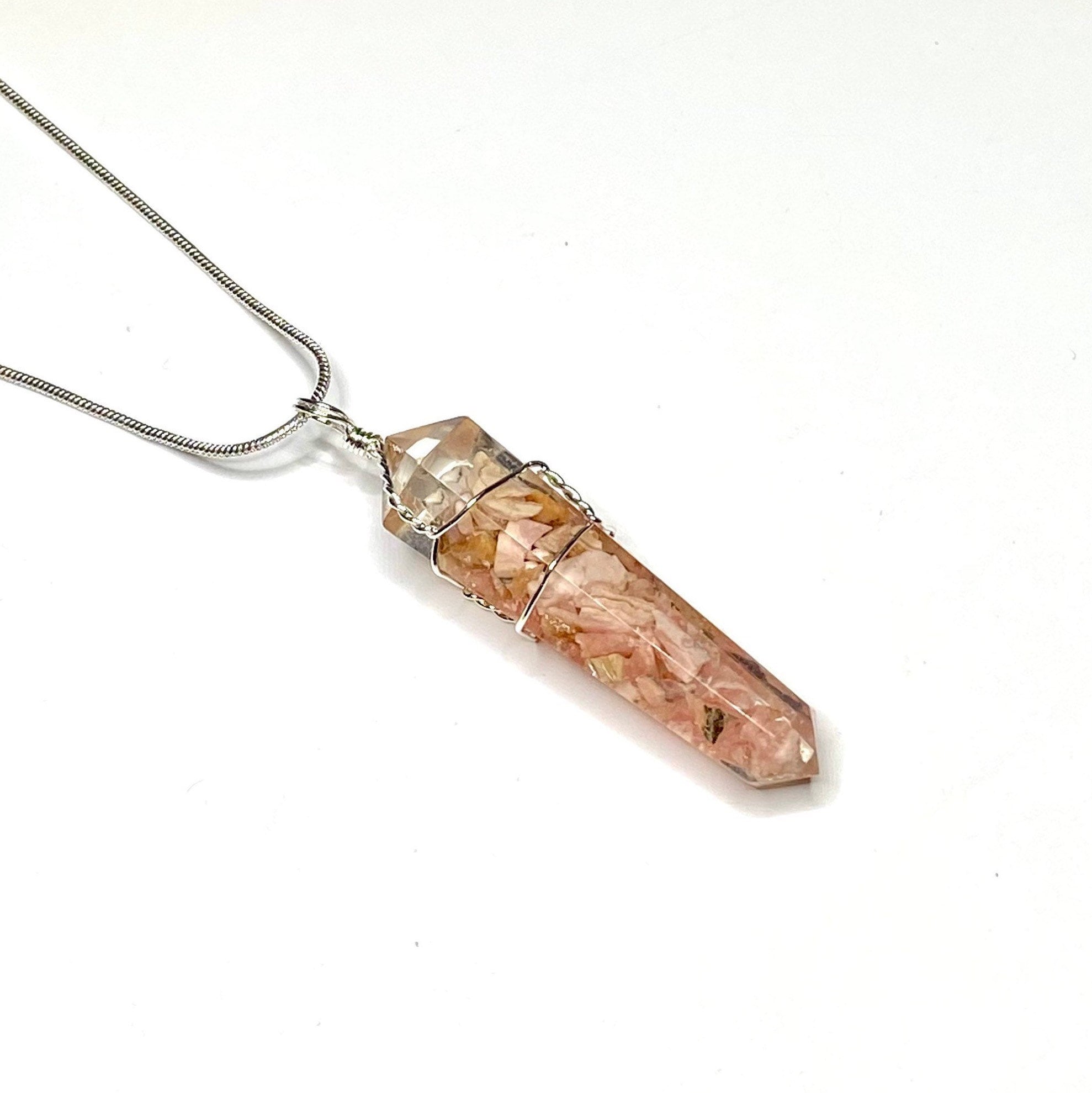 Rhodochrosite in Orgonite Wire Wrapped Pendant Necklace