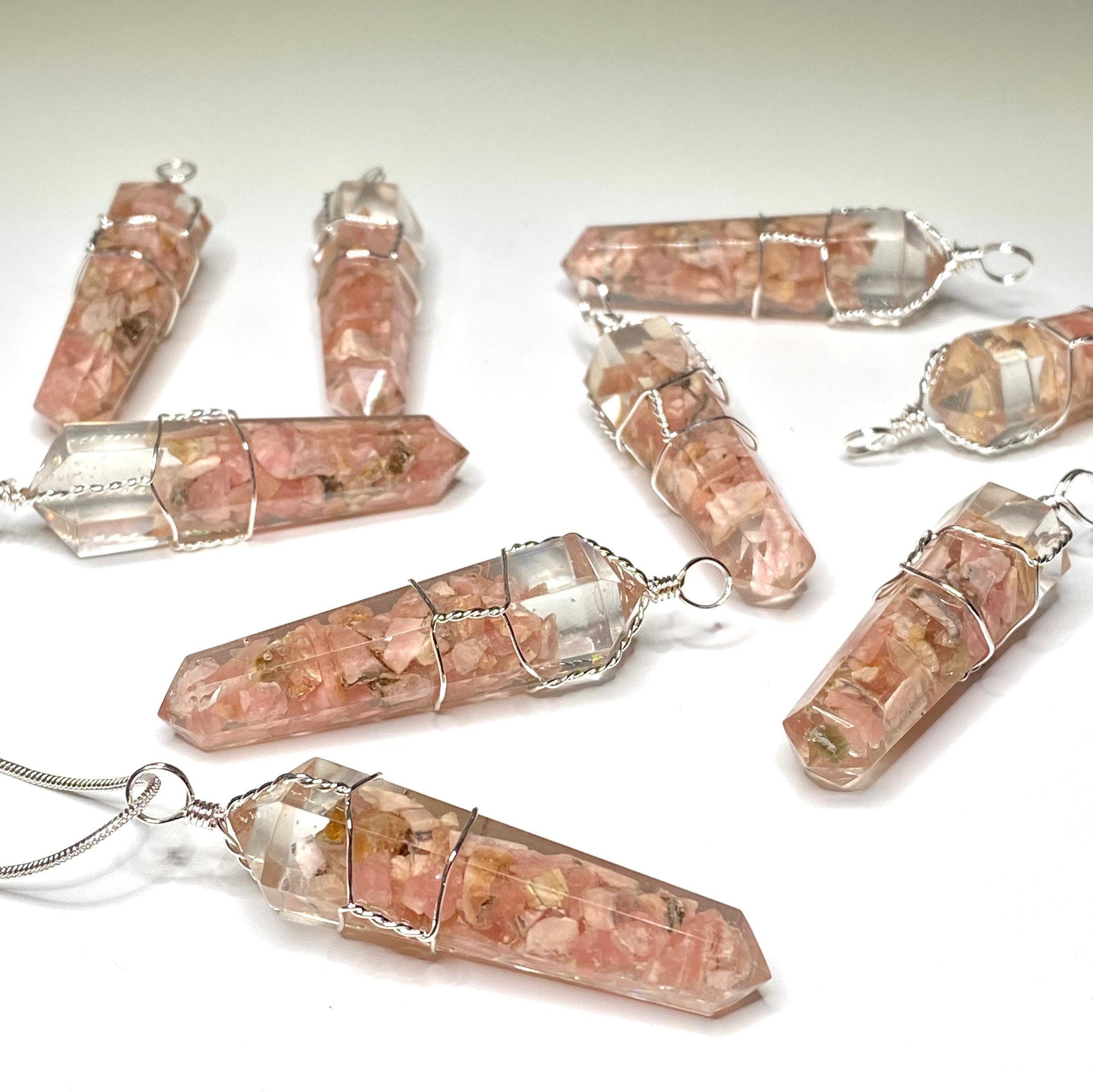 Rhodochrosite in Orgonite Wire Wrapped Pendant Necklace