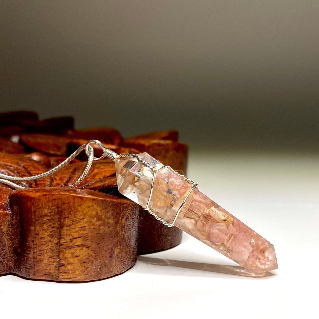 Rhodochrosite in Orgonite Wire Wrapped Pendant Necklace