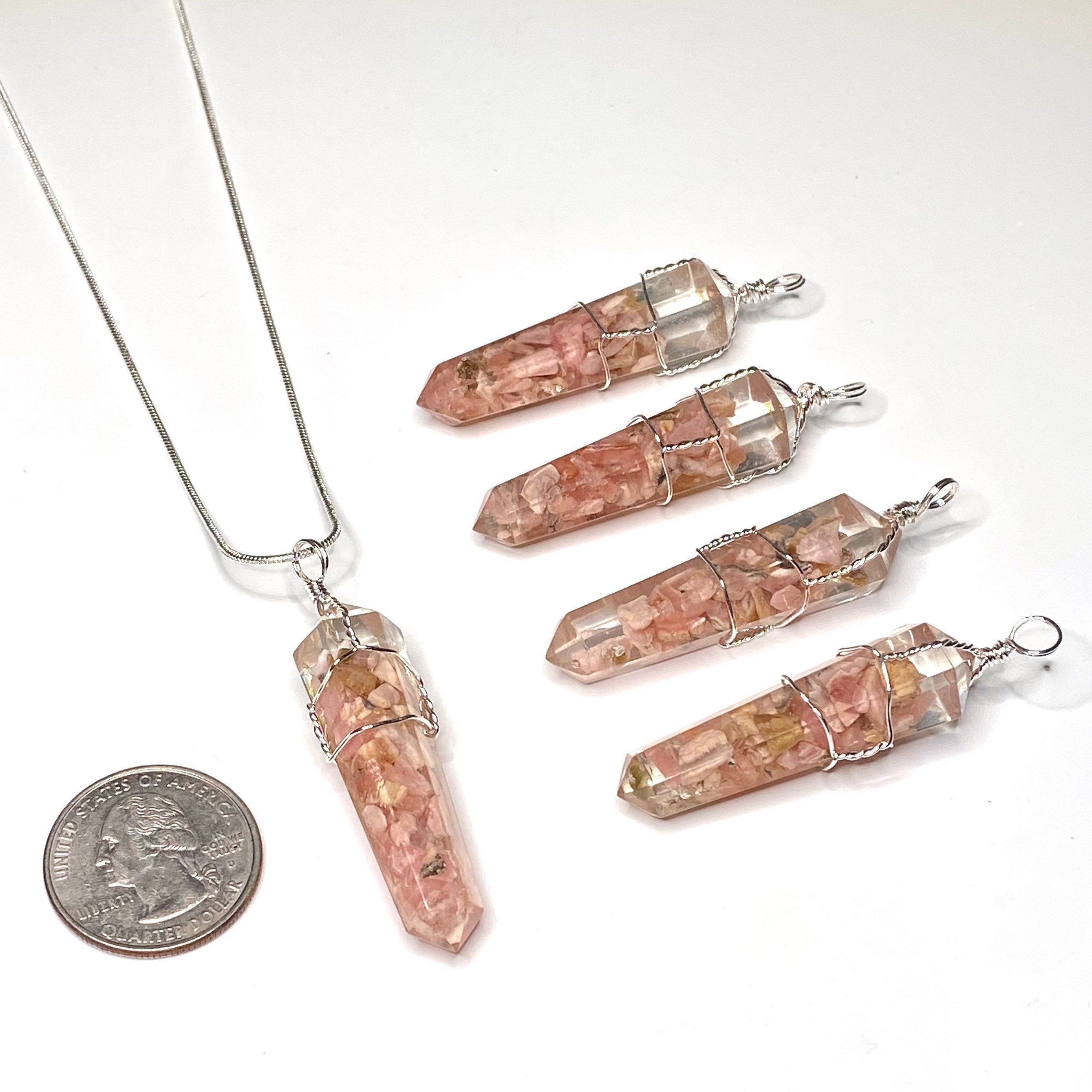 Rhodochrosite in Orgonite Wire Wrapped Pendant Necklace