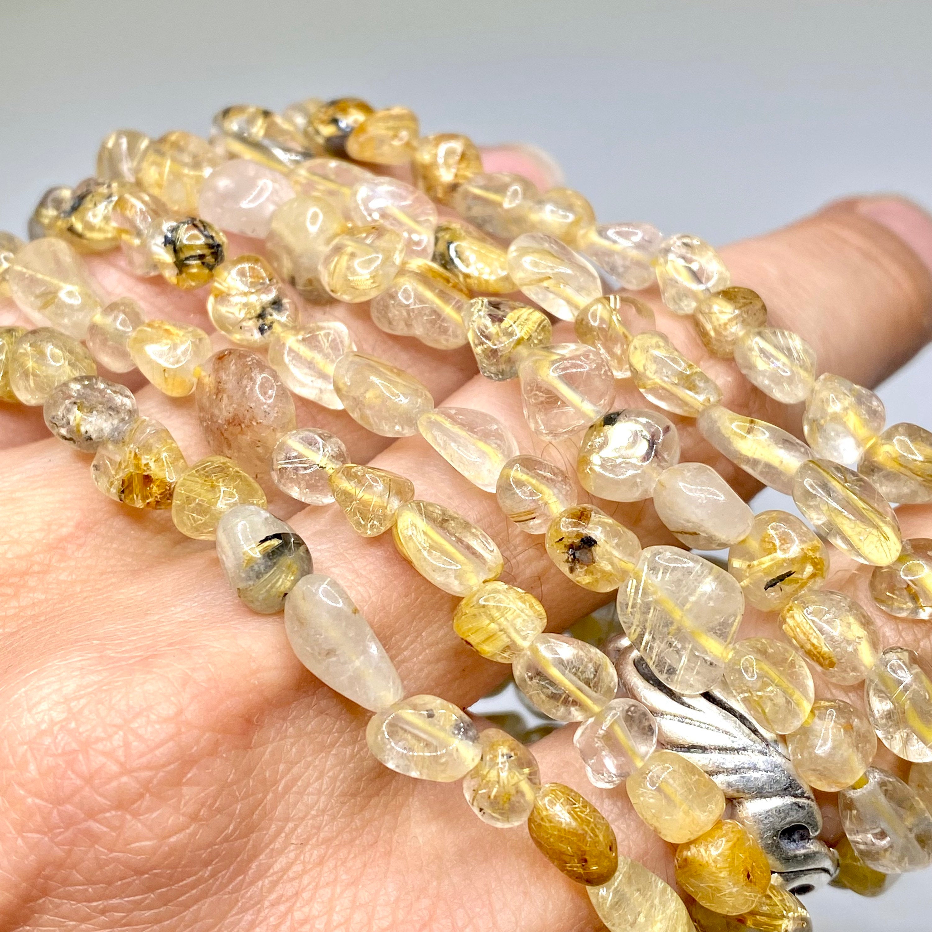 Rutilated Quartz Crystal Bracelet: Handmade Tumbled Gemstone Beaded Bracelet