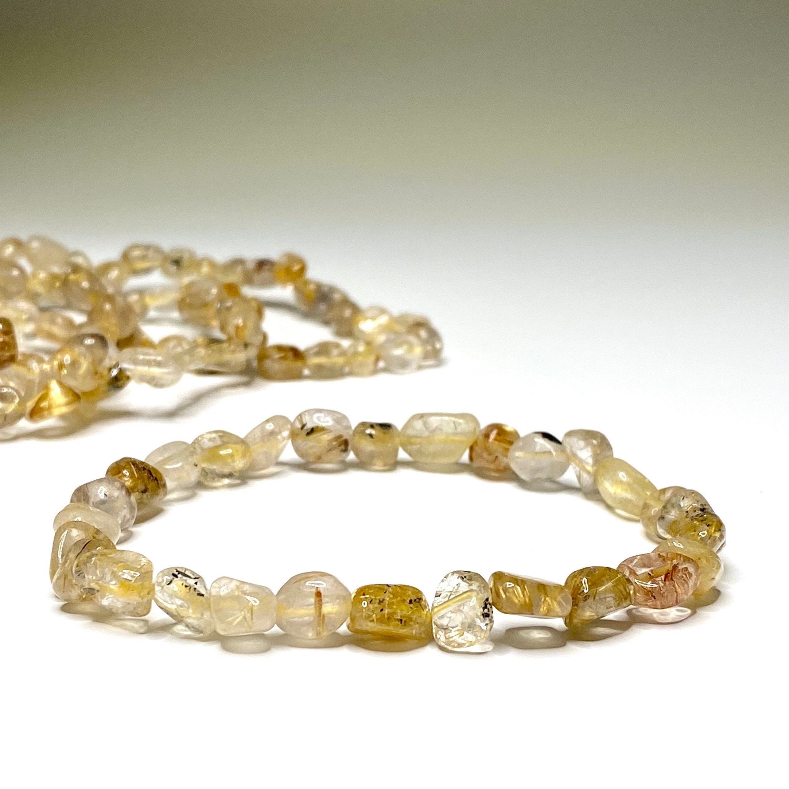 Rutilated Quartz Crystal Bracelet: Handmade Tumbled Gemstone Beaded Bracelet