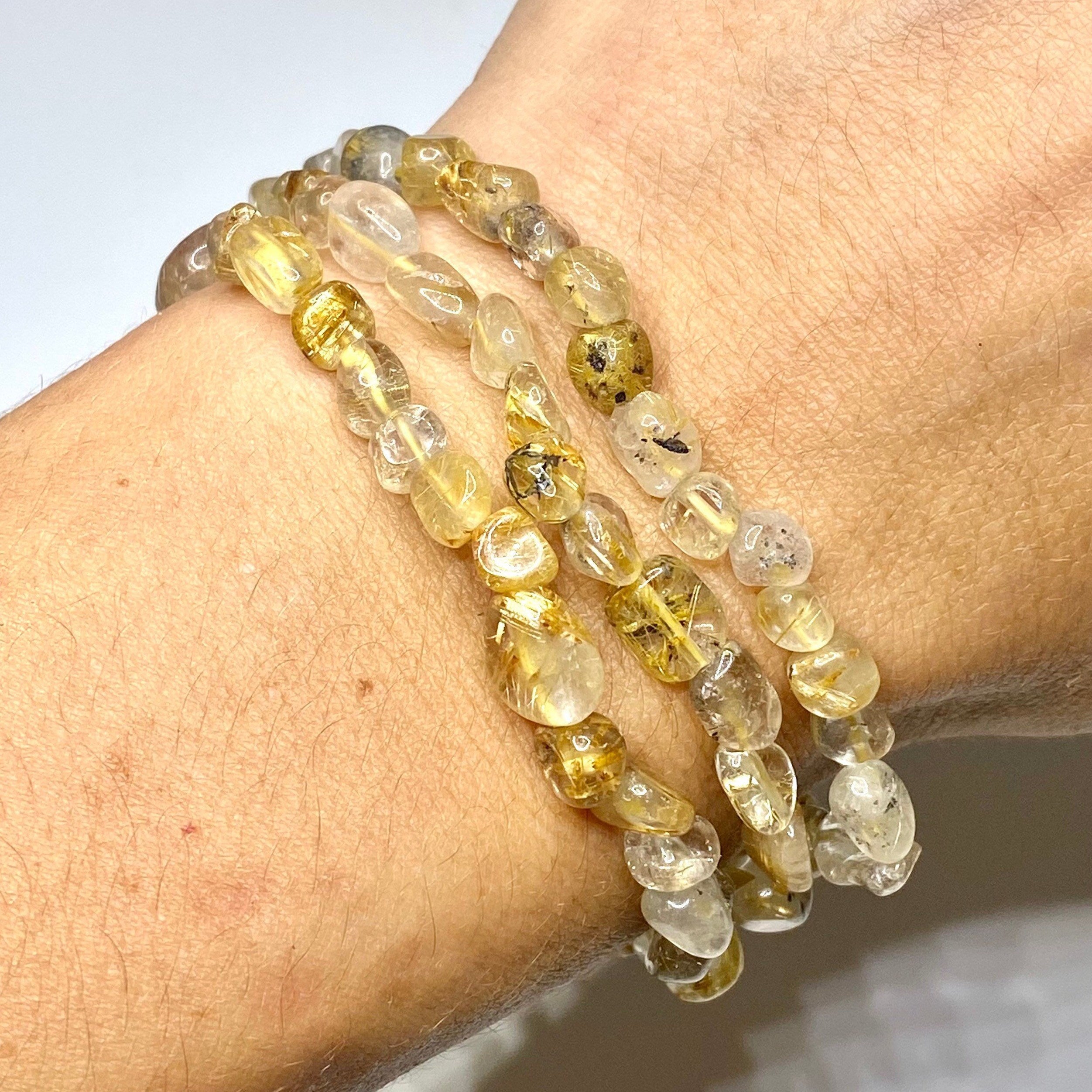 Rutilated Quartz Crystal Bracelet: Handmade Tumbled Gemstone Beaded Bracelet