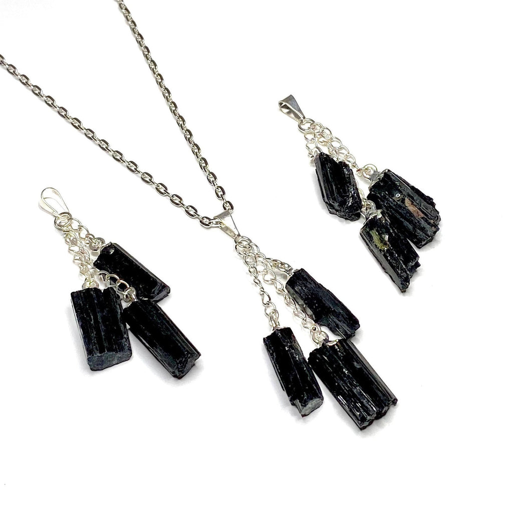 Black Tourmaline Triple Drop Pendant with Chain