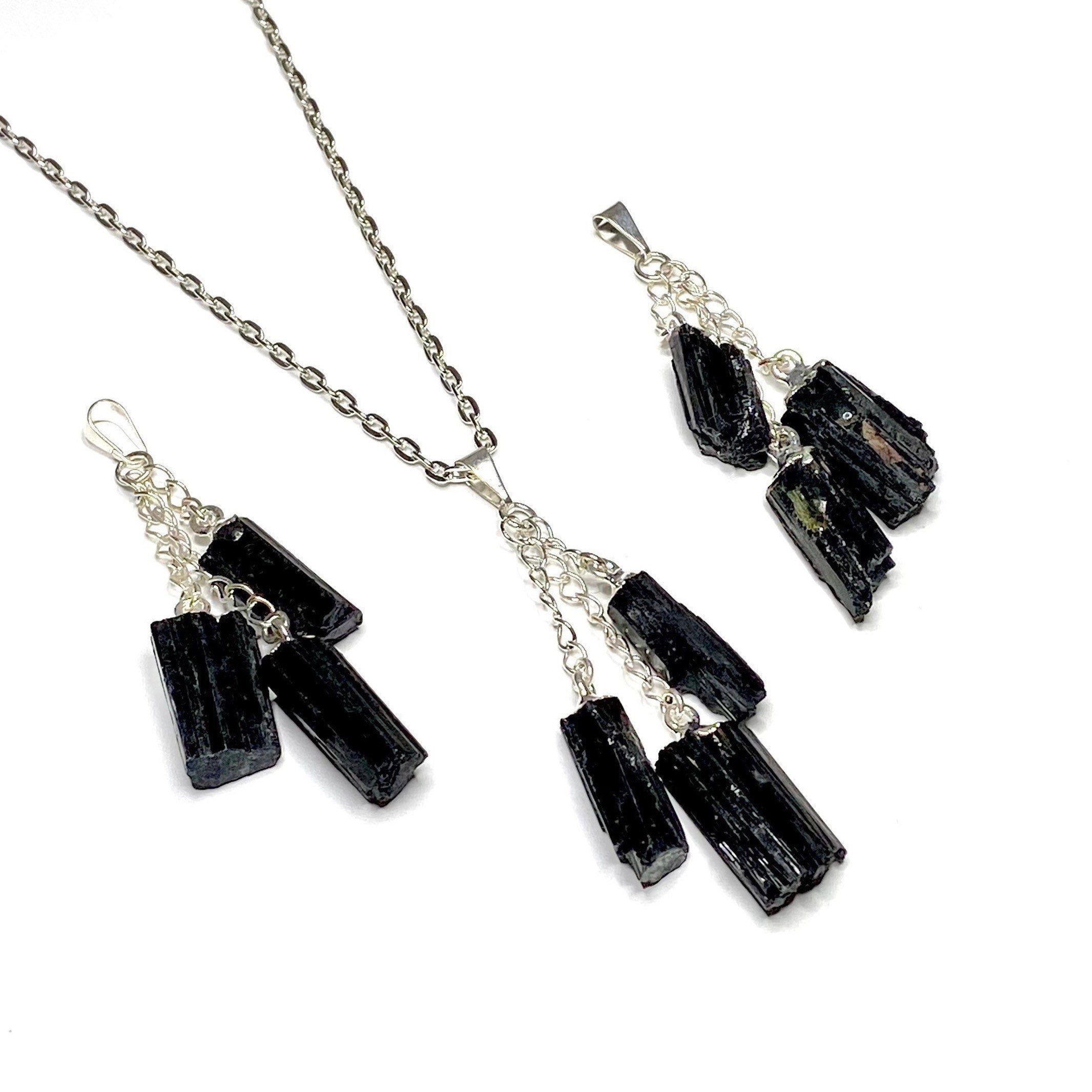 Black Tourmaline Triple Drop Pendant with Chain