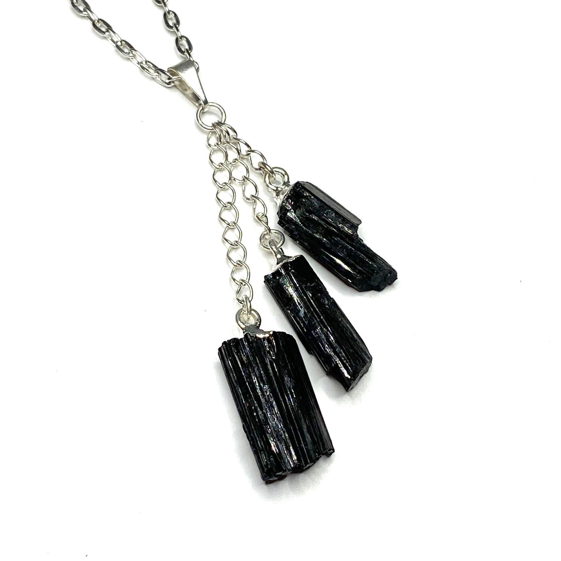 Black Tourmaline Triple Drop Pendant with Chain