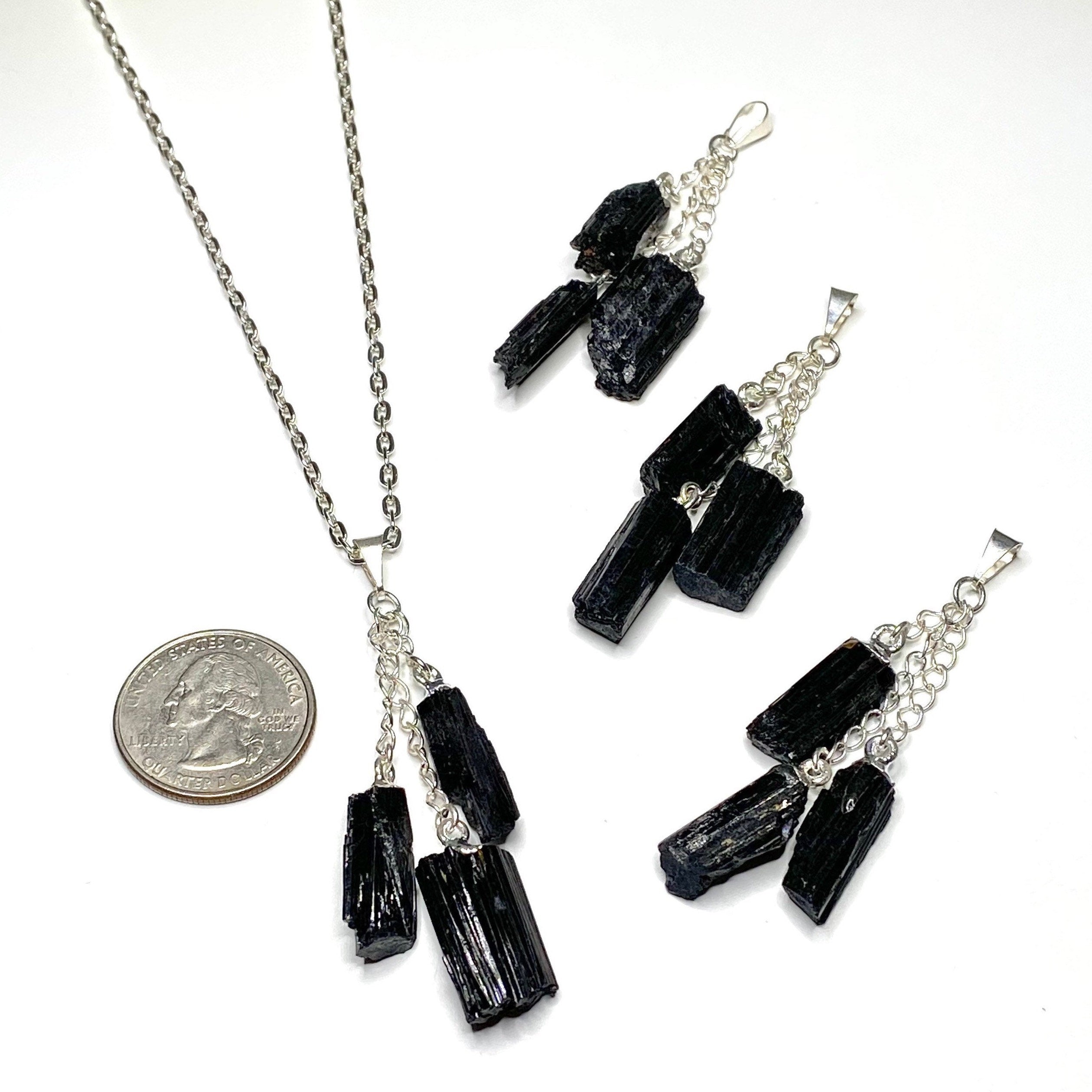 Black Tourmaline Triple Drop Pendant with Chain
