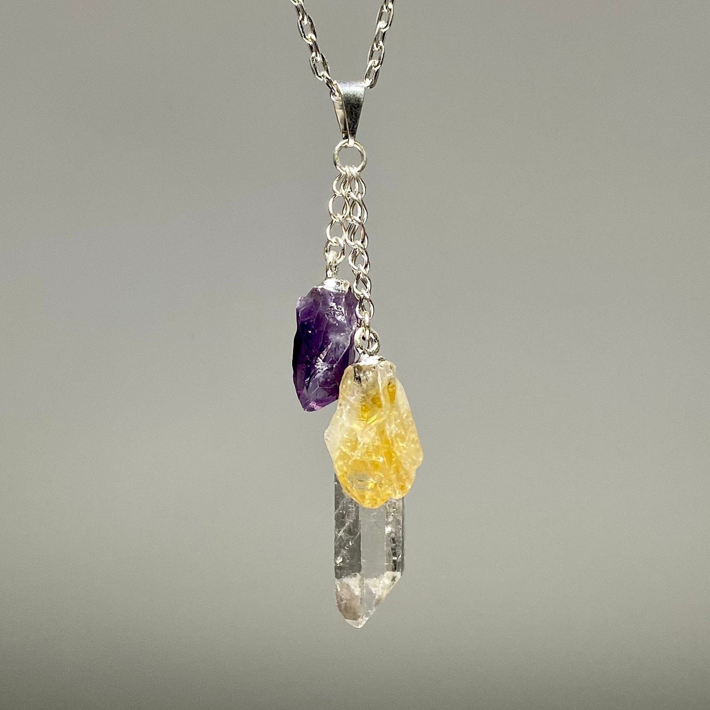 Amethyst Citrine Quartz Point Pendant Necklace with Chain