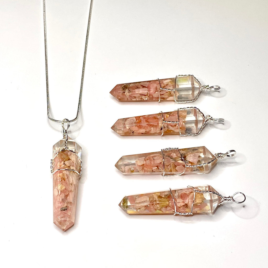 Rhodochrosite in Orgonite Wire Wrapped Pendant Necklace