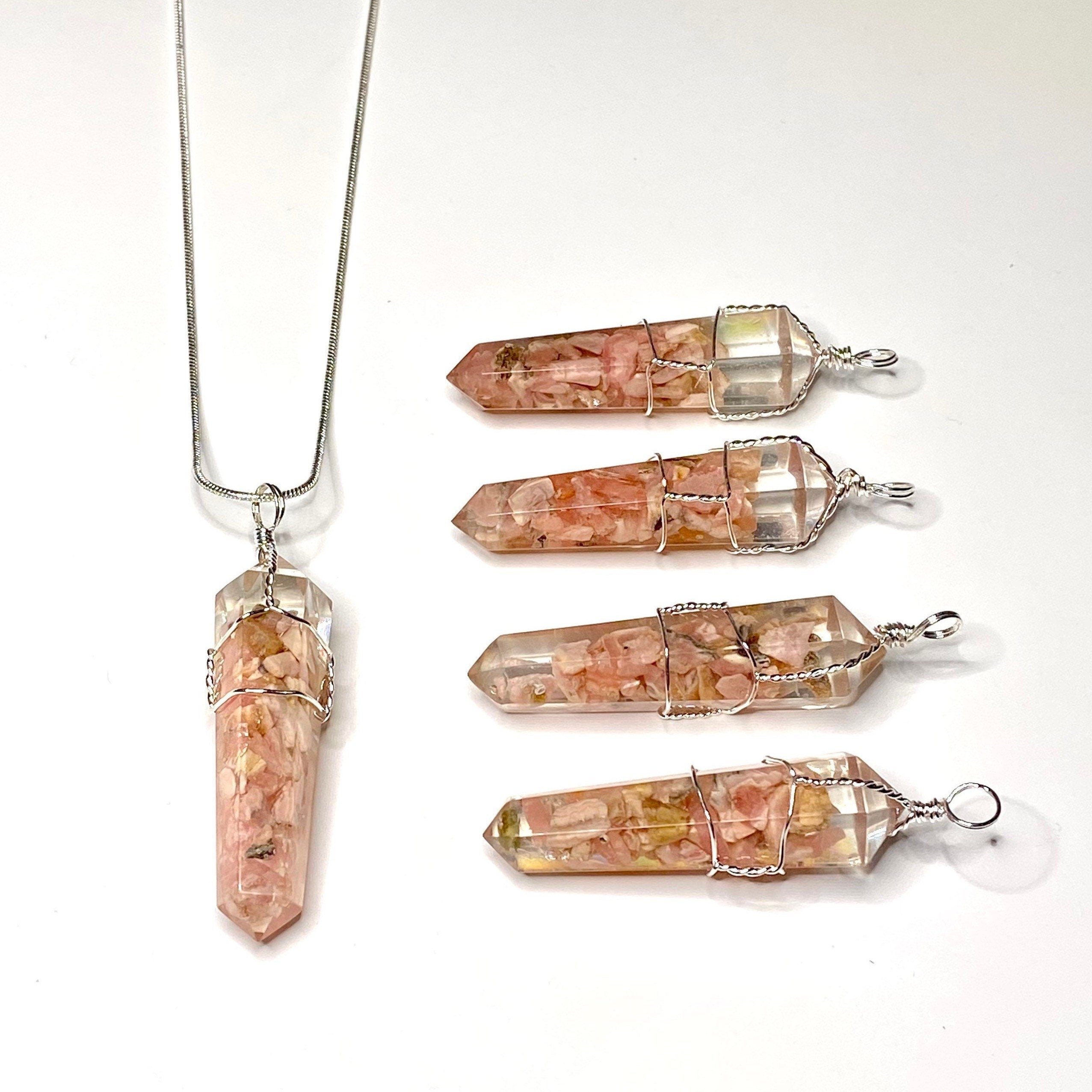 Rhodochrosite in Orgonite Wire Wrapped Pendant Necklace