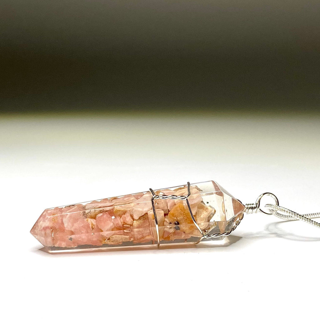 Rhodochrosite in Orgonite Wire Wrapped Pendant Necklace