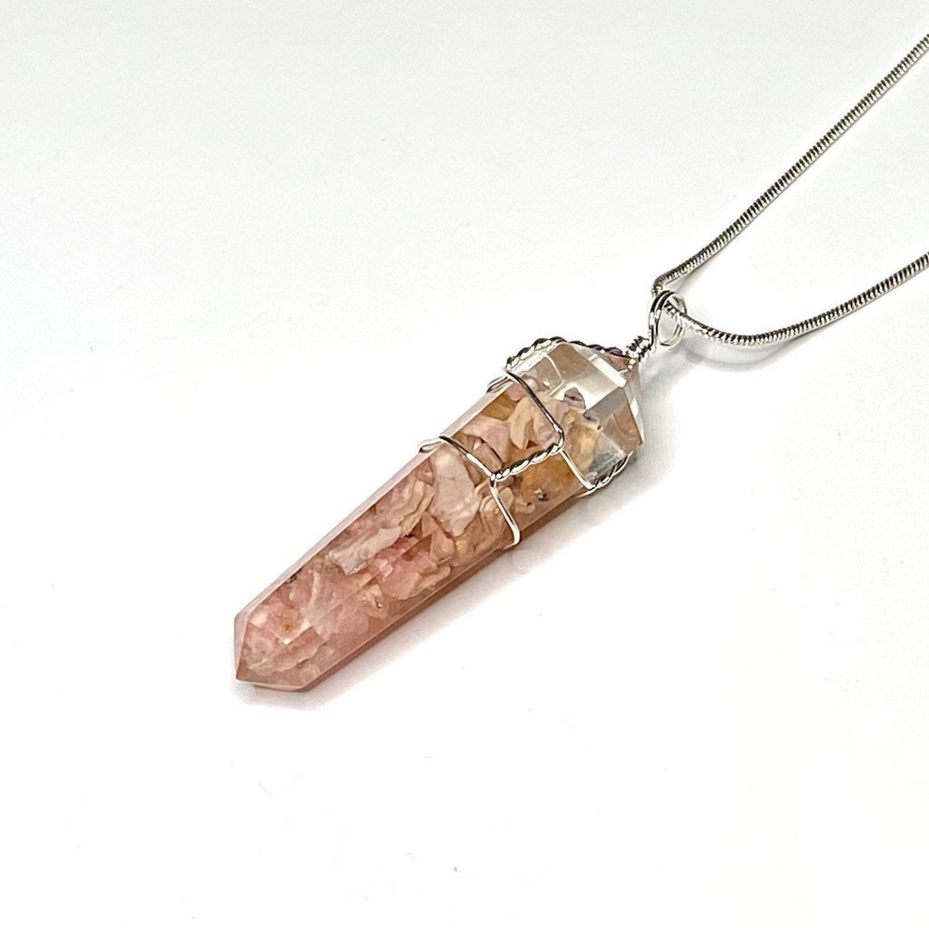 Rhodochrosite in Orgonite Wire Wrapped Pendant Necklace