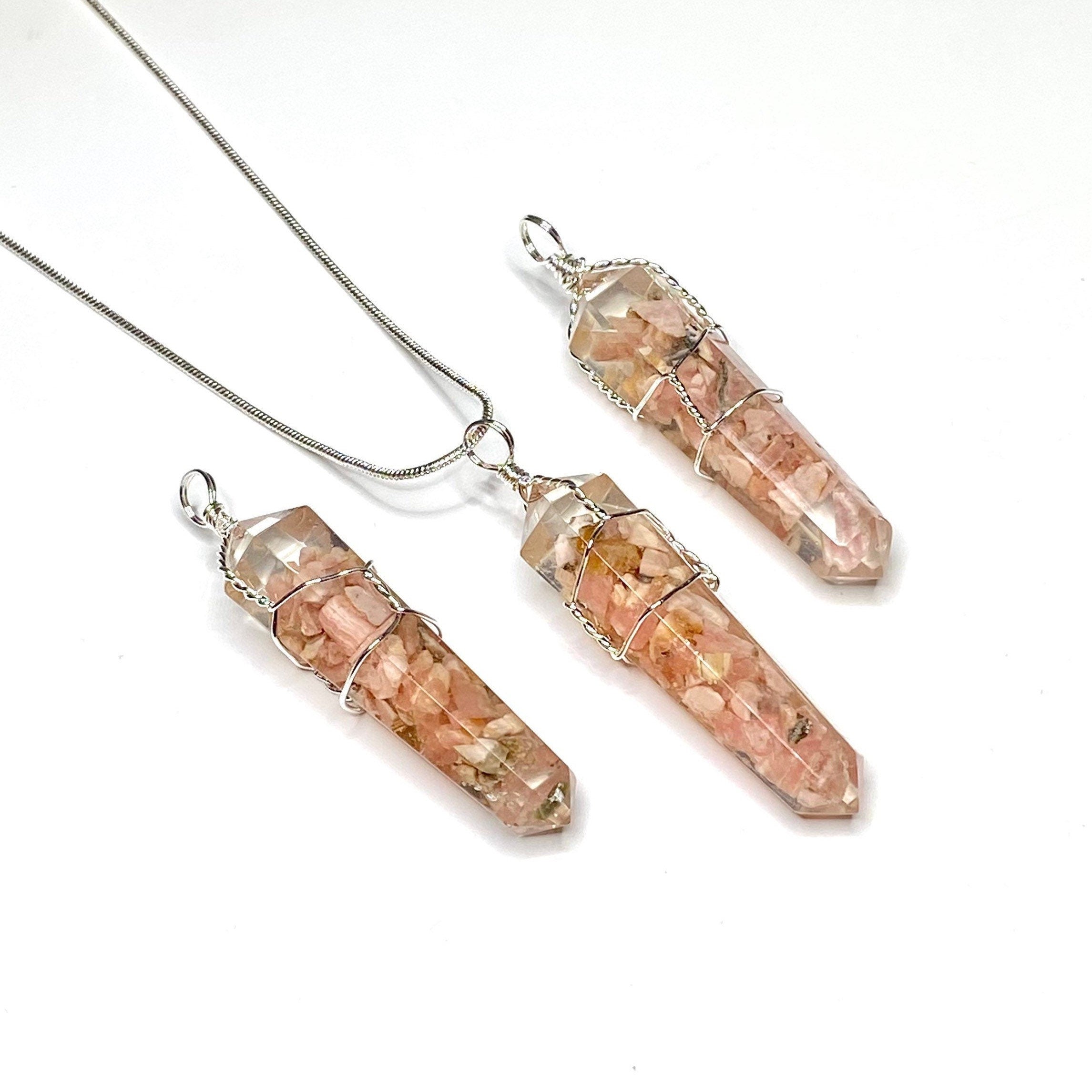Rhodochrosite in Orgonite Wire Wrapped Pendant Necklace
