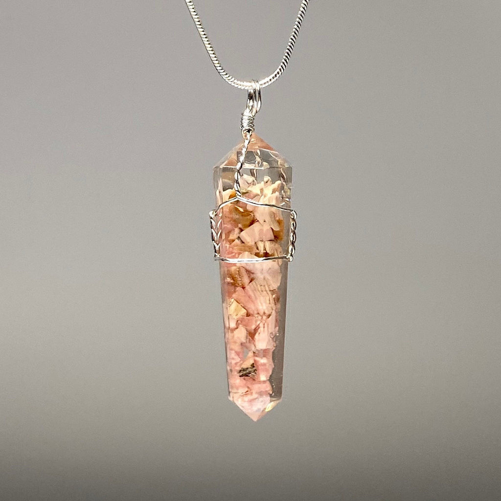 Rhodochrosite in Orgonite Wire Wrapped Pendant Necklace