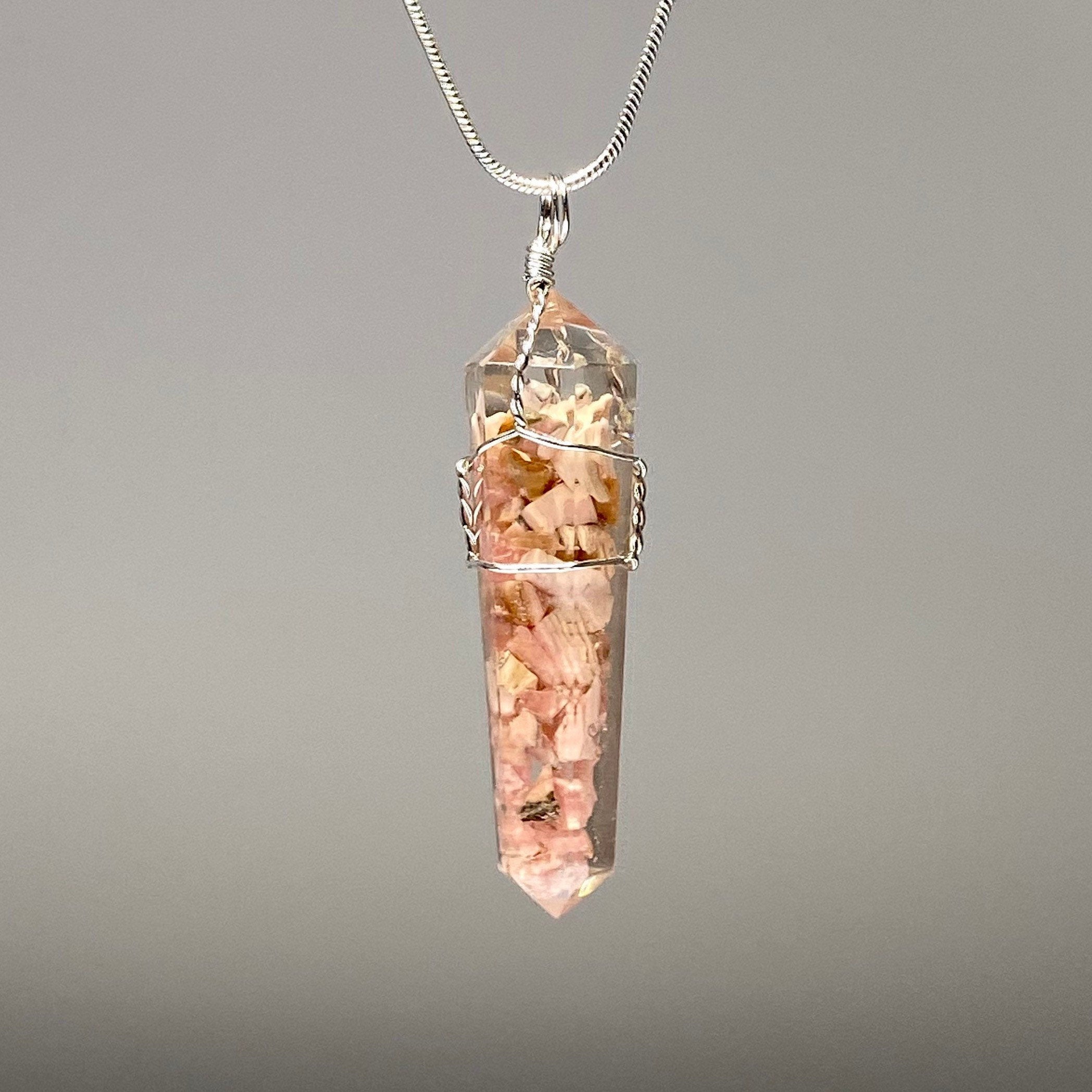 Rhodochrosite in Orgonite Wire Wrapped Pendant Necklace