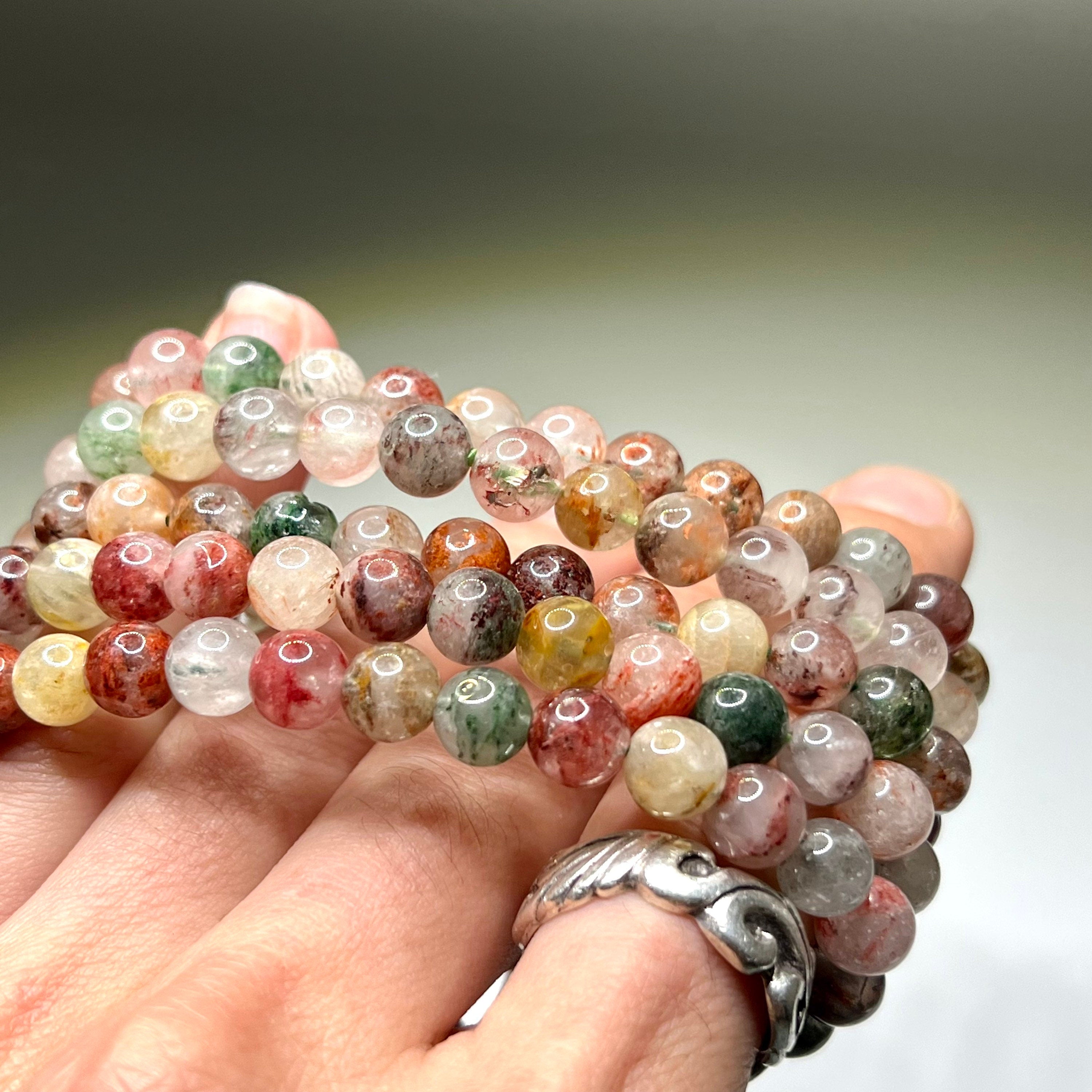 Garden Quartz Crystal Bracelet, Lodolite Gemstone Beaded Bracelet
