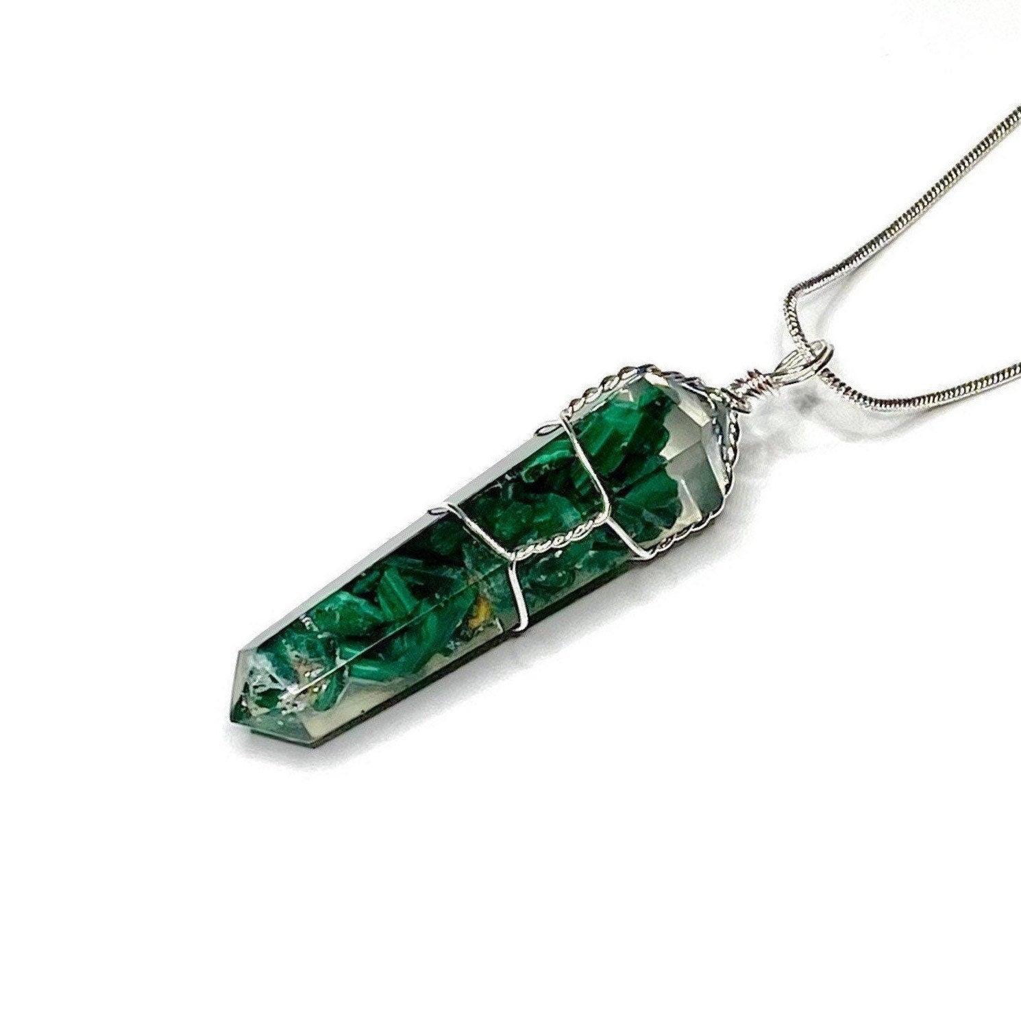 Malachite in Orgonite Wire Wrapped Pendant Necklace