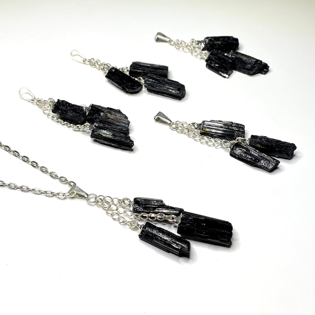 Black Tourmaline Triple Drop Pendant with Chain