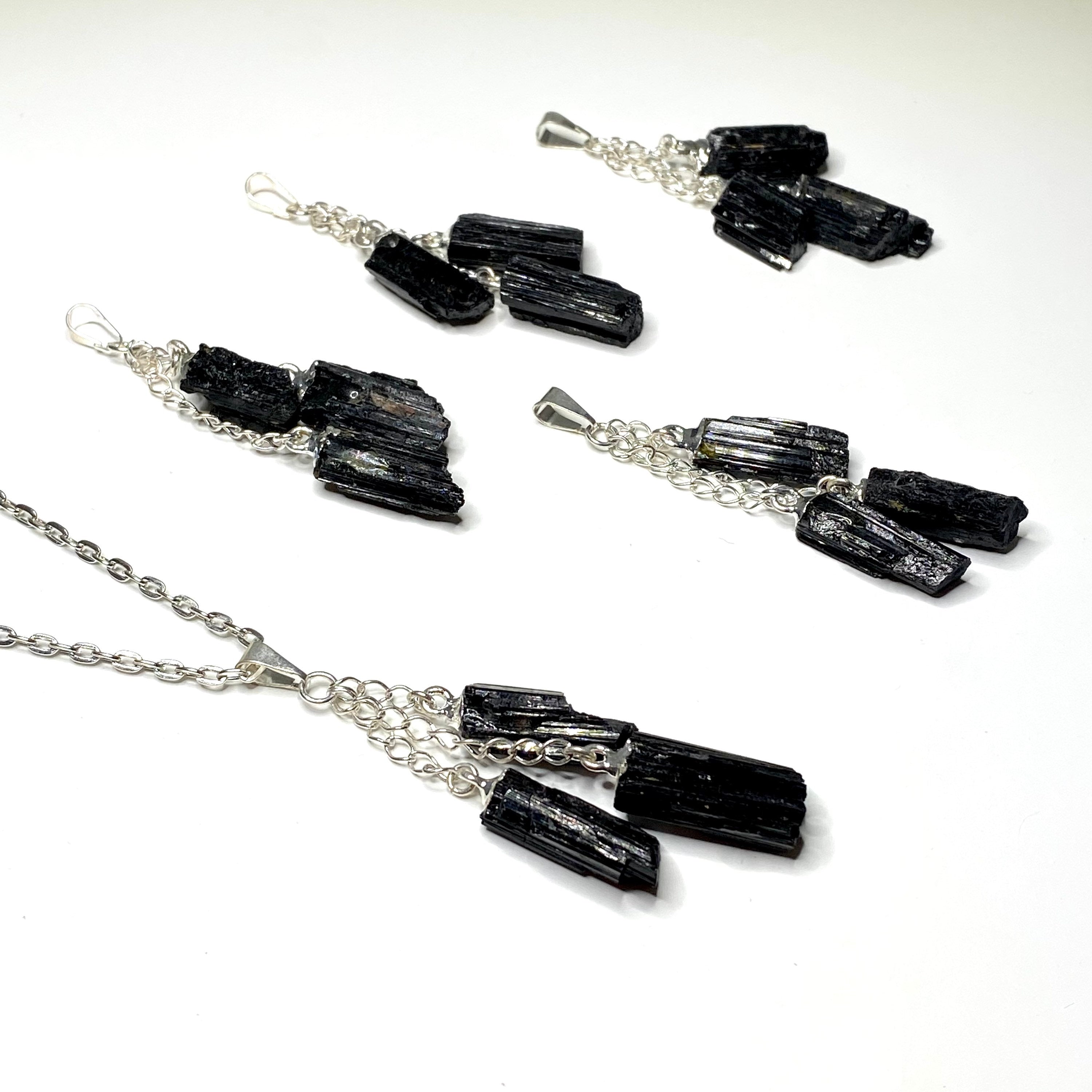 Black Tourmaline Triple Drop Pendant with Chain