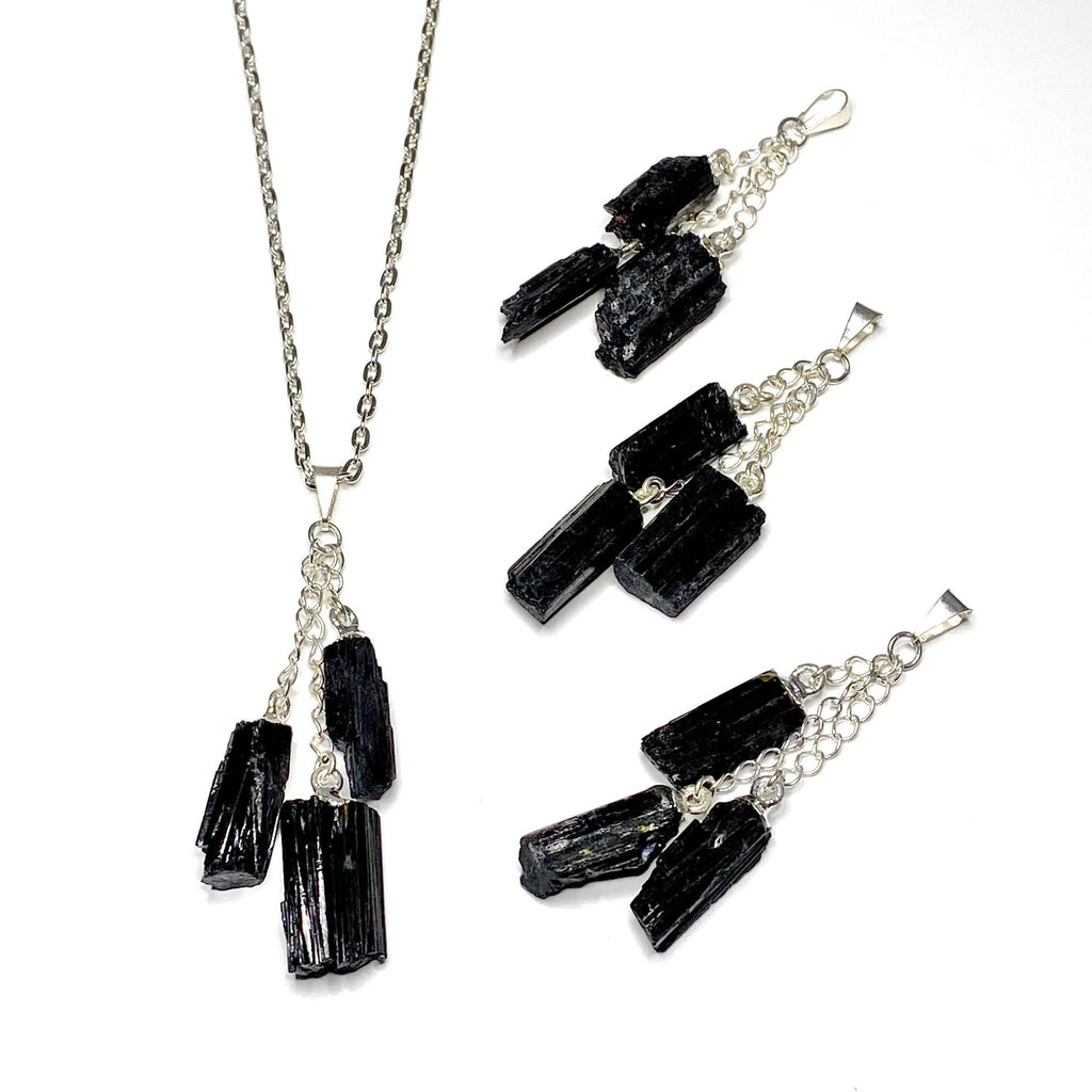 Black Tourmaline Triple Drop Pendant with Chain