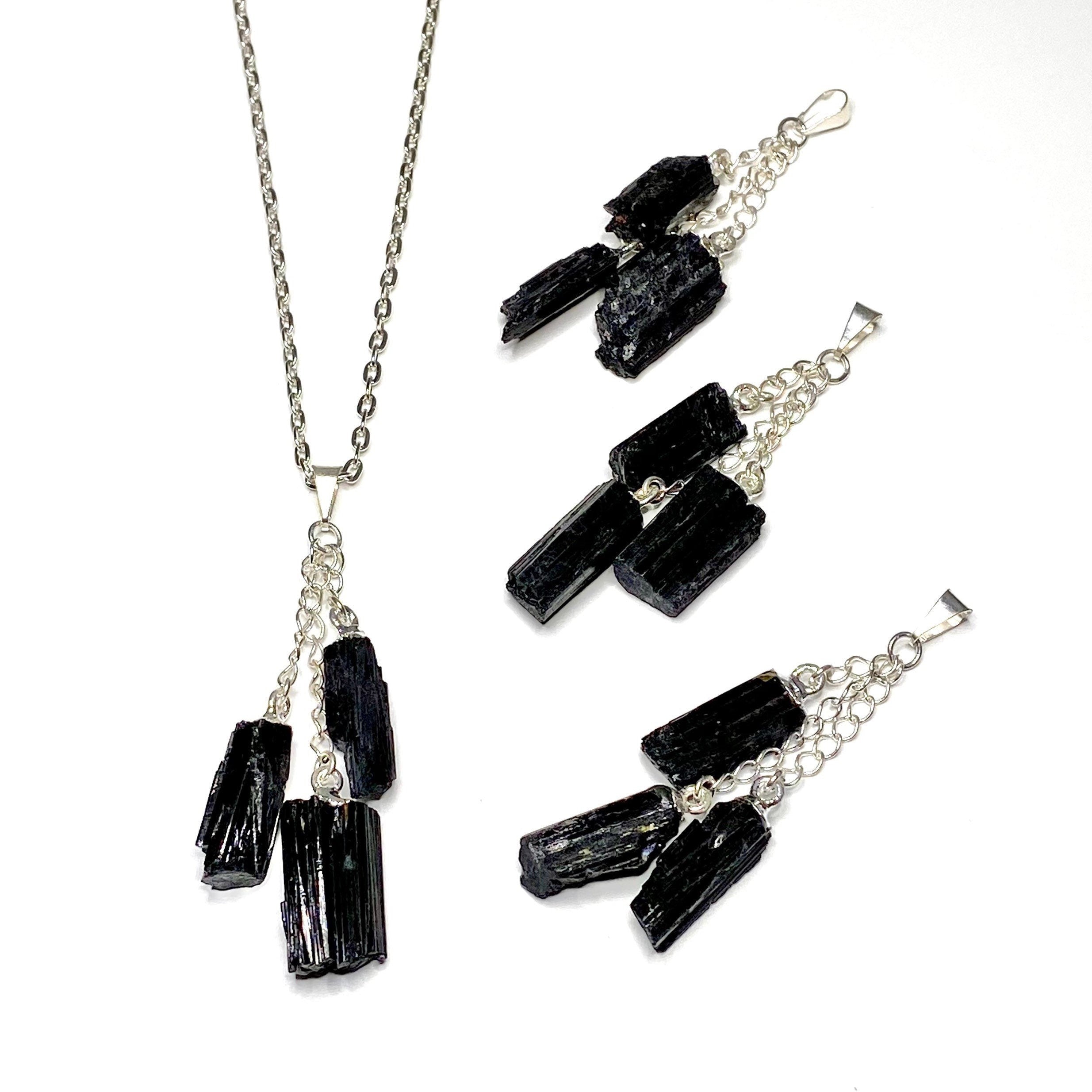 Black Tourmaline Triple Drop Pendant with Chain
