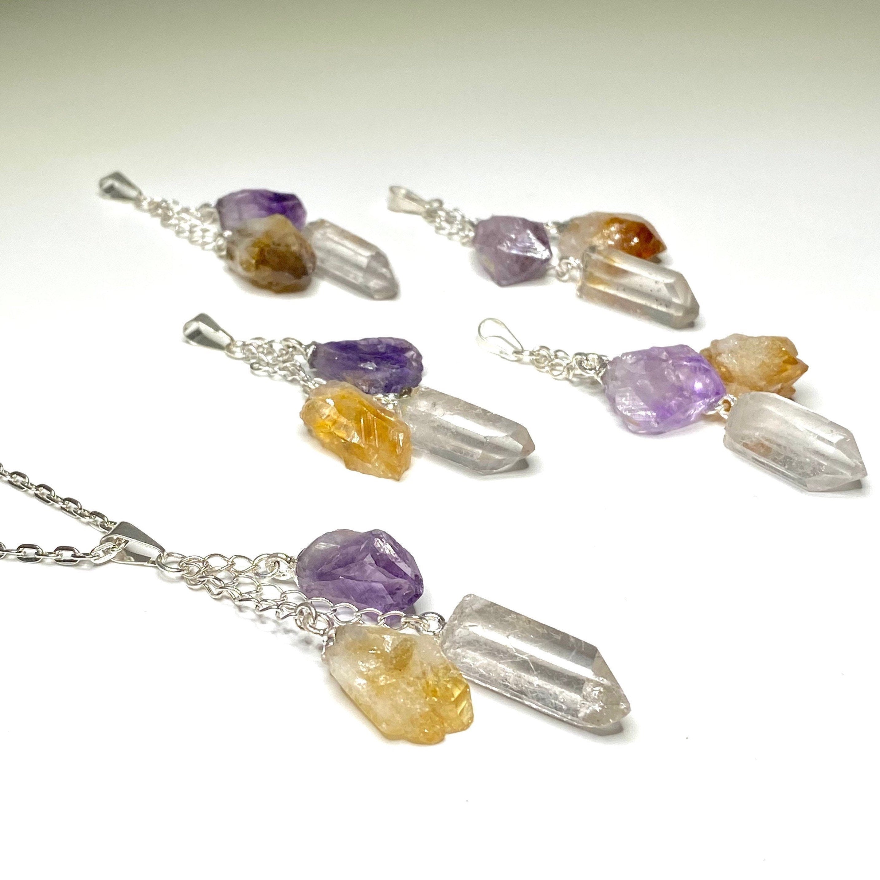 Amethyst Citrine Quartz Point Pendant Necklace with Chain
