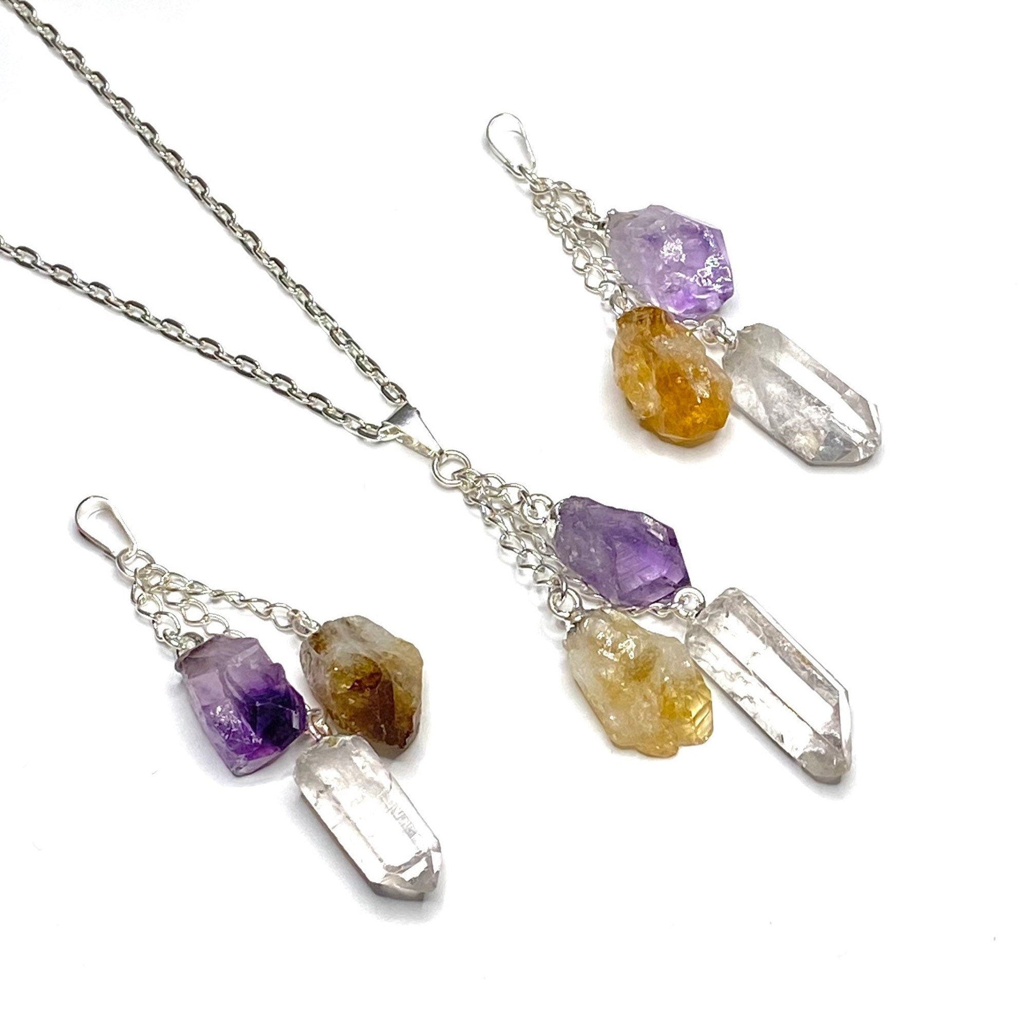Amethyst Citrine Quartz Point Pendant Necklace with Chain