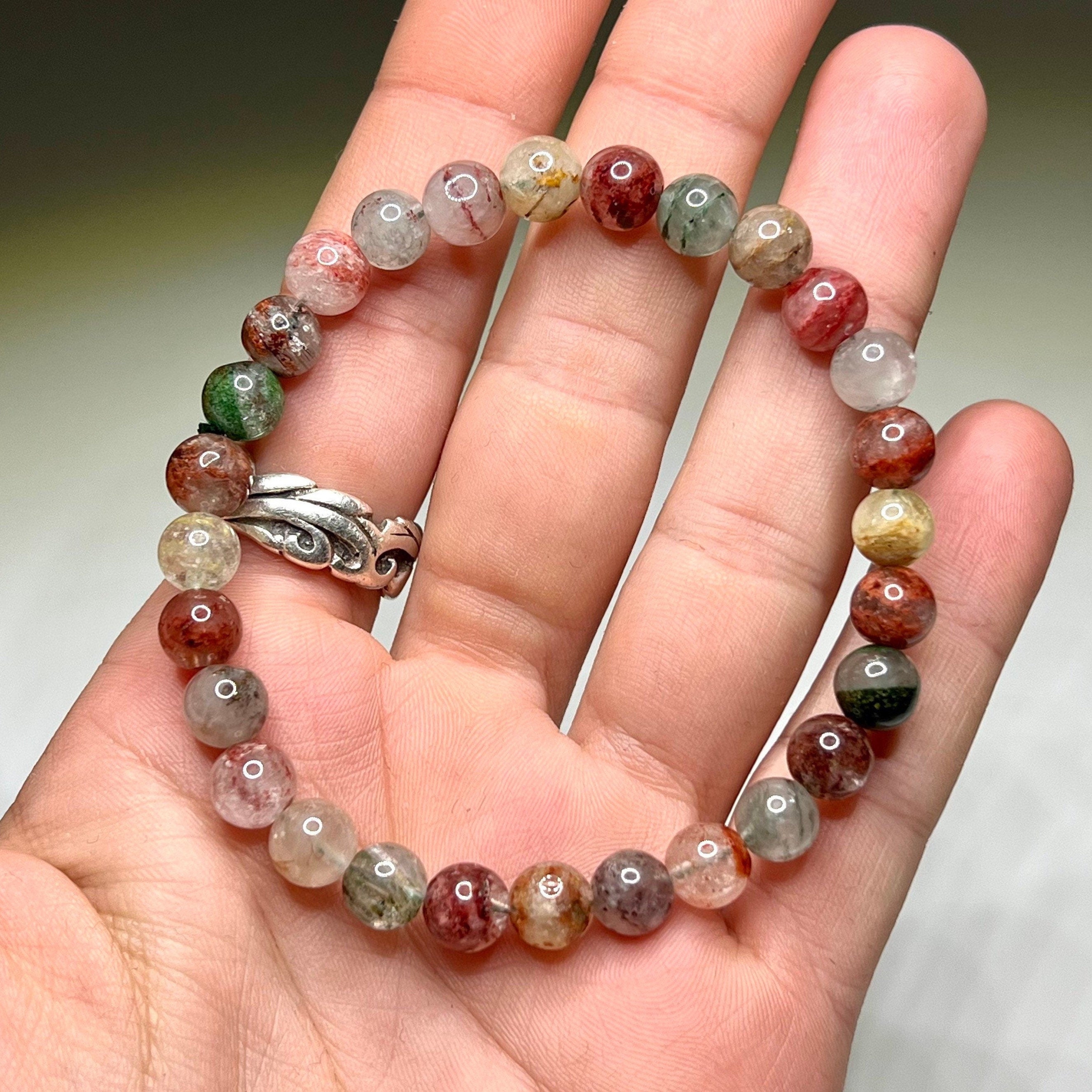 Garden Quartz Crystal Bracelet, Lodolite Gemstone Beaded Bracelet