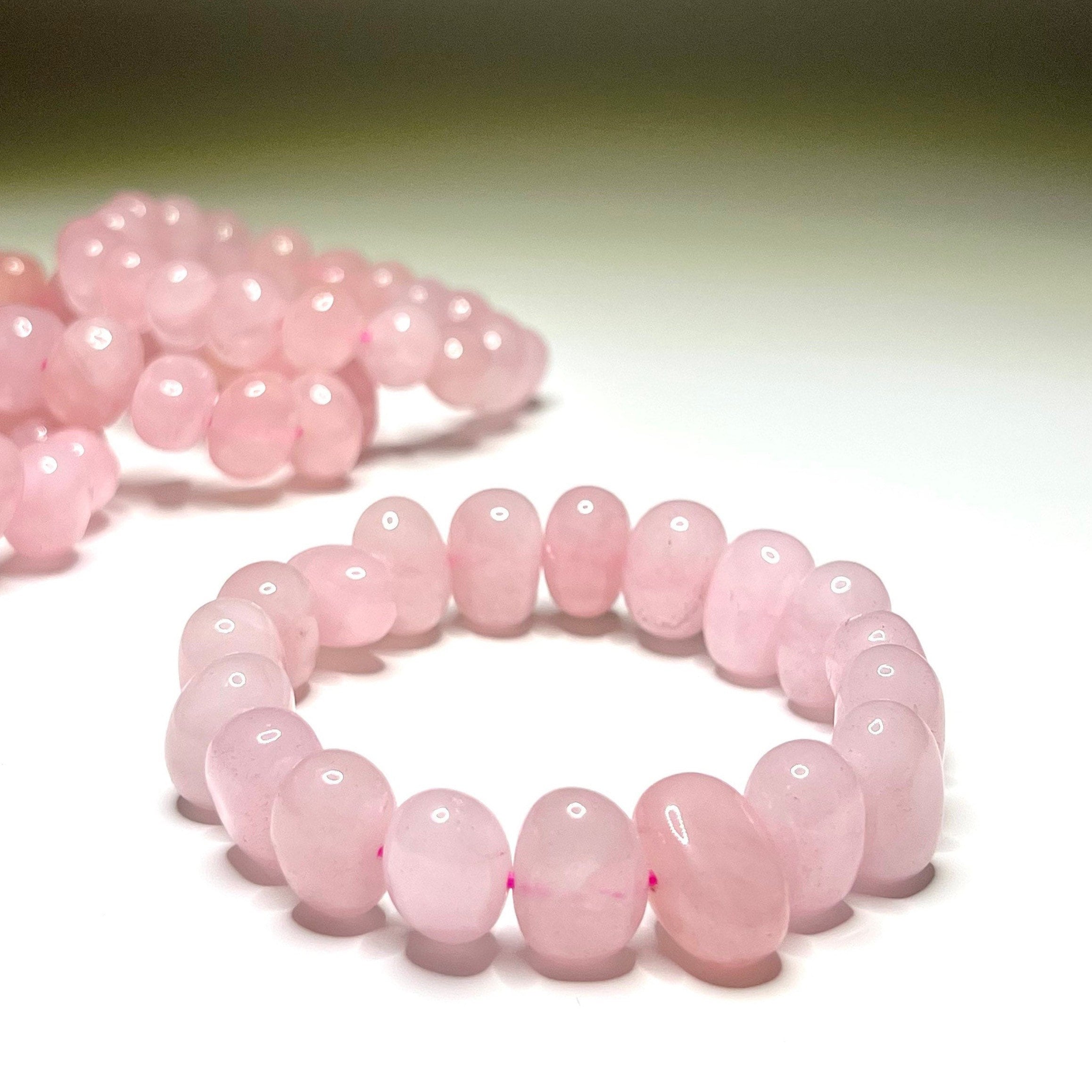 Rose Quartz Jelly Bean Bracelet: 9mm Gemstone Beaded Stretch Bracelet